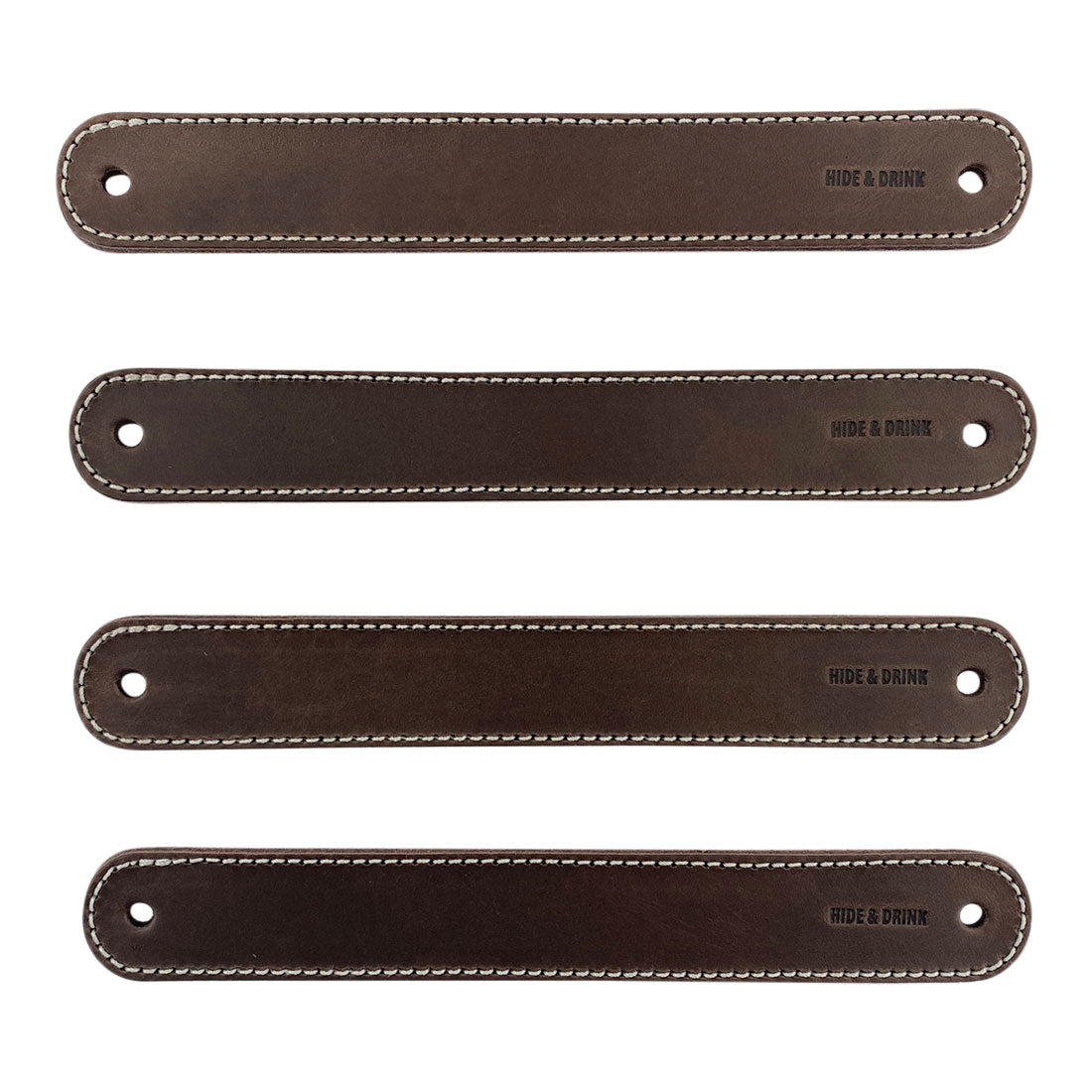 Hide & Drink Drawer Handles (4pk) featuring a set of four durable leather handles perfect for furniture upgrades. Each handle is easy to install and carefully crafted by hand in La Antigua Guatemala.