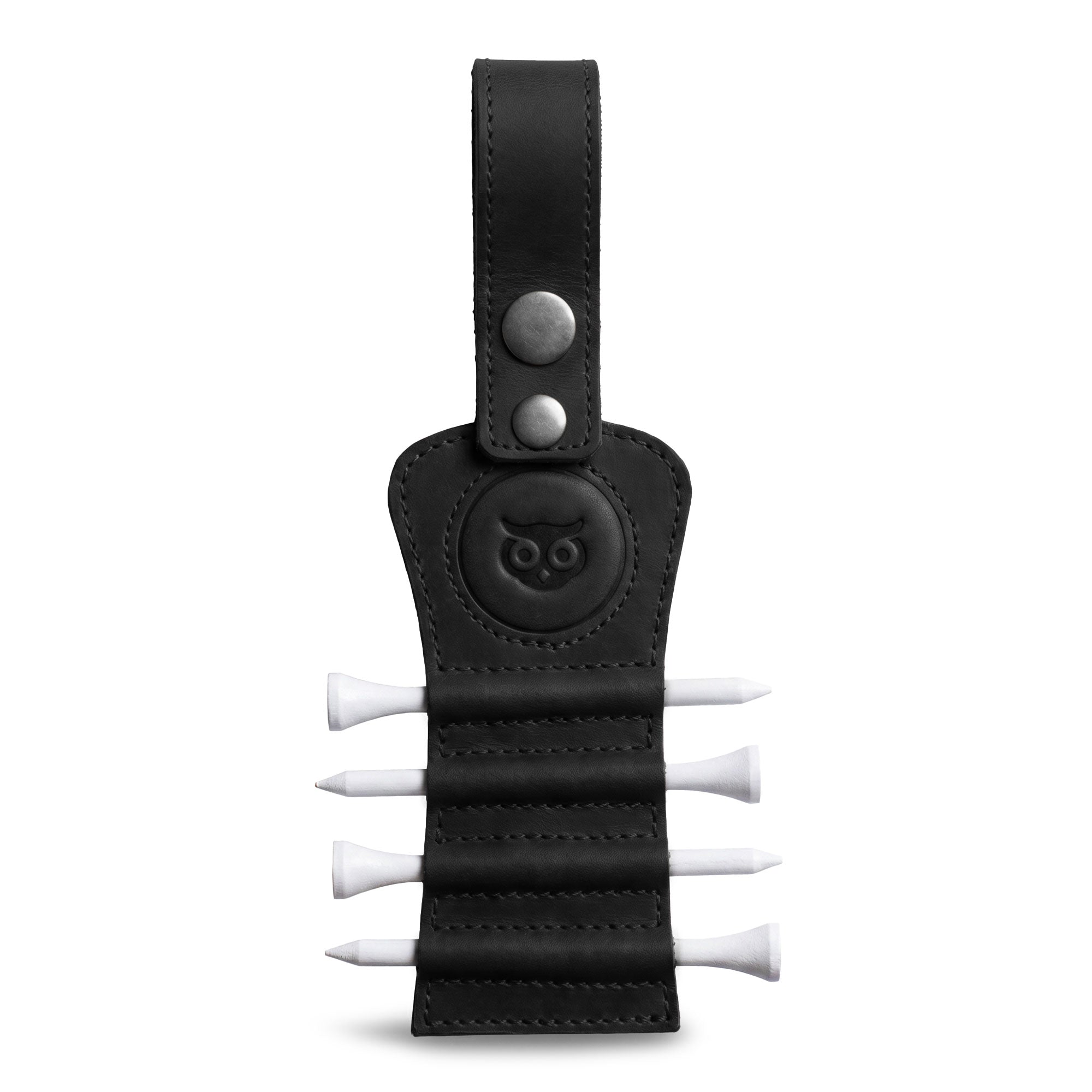 Hide & Drink Golf Tee Holder in sleek black leather, featuring slots for golf tees. This accessory combines functionality and style, perfect for storage and accessibility while golfing. Handmade with care in La Antigua Guatemala, it's a great gift for golf enthusiasts.