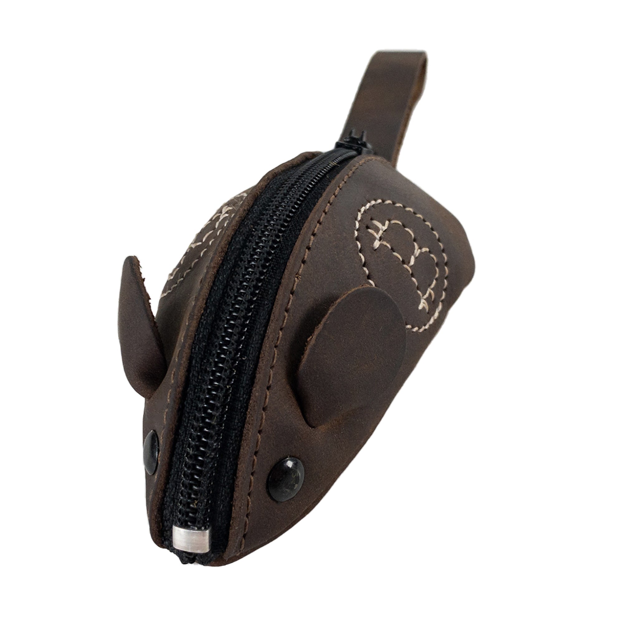 The Mouse Coin Pouch by Hide & Drink features a charming, mouse-shaped design made of full grain leather. This handmade pouch, crafted in La Antigua Guatemala and Oaxaca, Mexico, is a perfect travel accessory for organizing coins. With its detailed stitching and fire branded logo, this artisan piece reflects small batch production values, making it a delightful addition to your pocket case for coins.