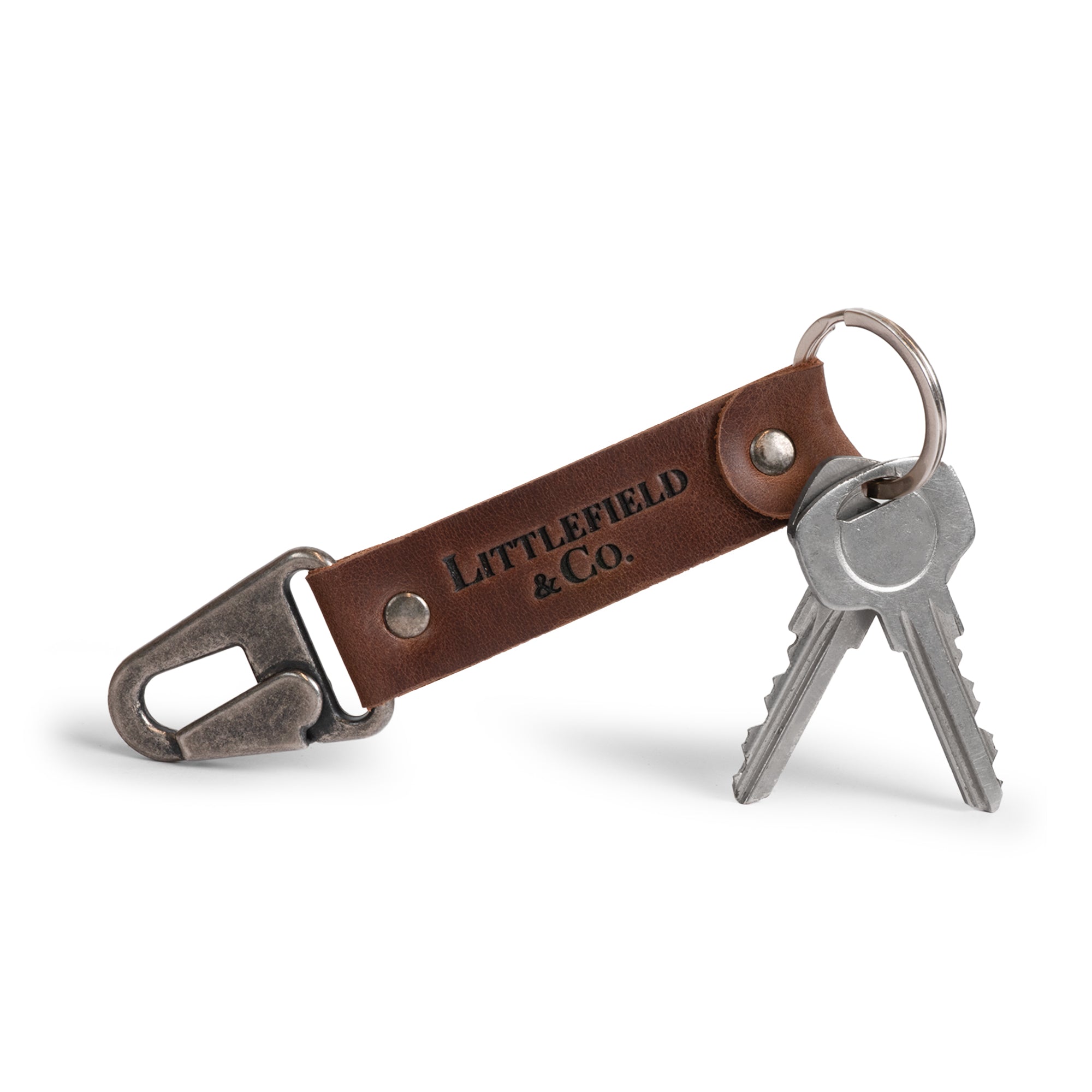 Vintage Adventure Keychain from Littlefield Chicago featuring a keychain with clasp and a keychain strap with ring, ideal for men as a stylish rectangular key chain. This travel accessory serves as a small key organizer and key storage solution made from full grain leather. It's perfect for small tools and emphasizes stockyardX craftsmanship and small batch production while showcasing hand cut and hand sewn details with a fire branded design, artisan-made in La Antigua Guatemala & Oaxaca Mexico.