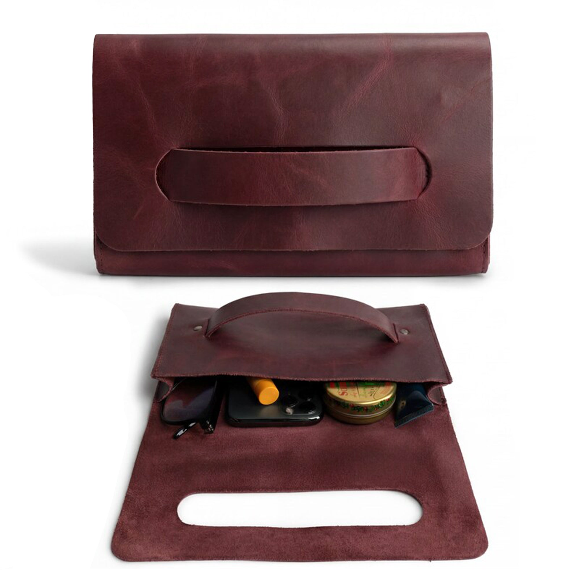 Interior view of the maroon Clutch Bag With Handle by Hide & Drink, displaying its organization. This Full Grain Leather Clutch Bag with Handle is ideal for stylish women, handmade with care in La Antigua Guatemala & Oaxaca Mexico.