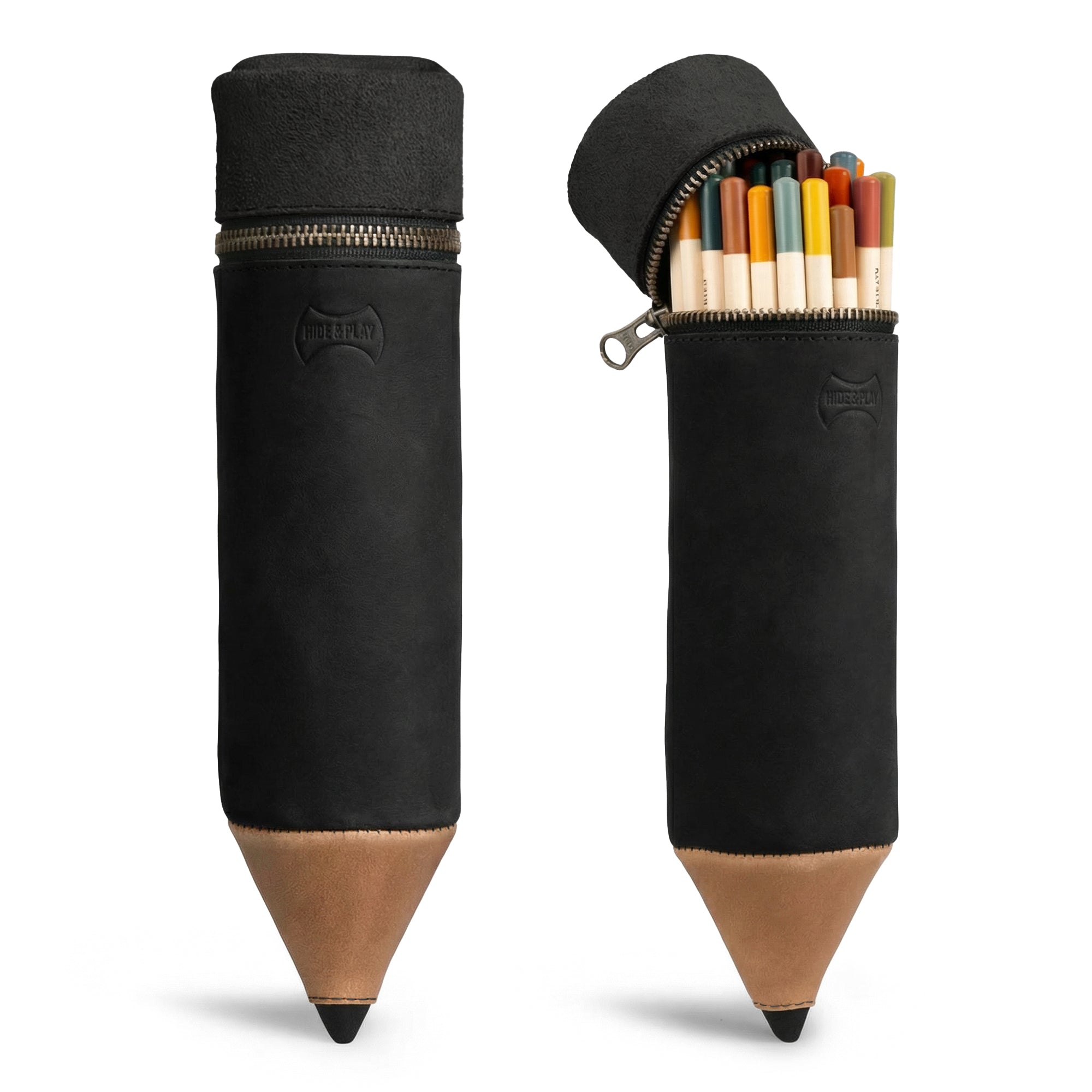 Stylish Pencil-Shaped Case by Hide & Play, made from full grain leather, perfect for organizing pens, pencils, markers, and office accessories. This zippered bag features artisan craftsmanship, being handmade in La Antigua Guatemala with hand cut and sewn details.