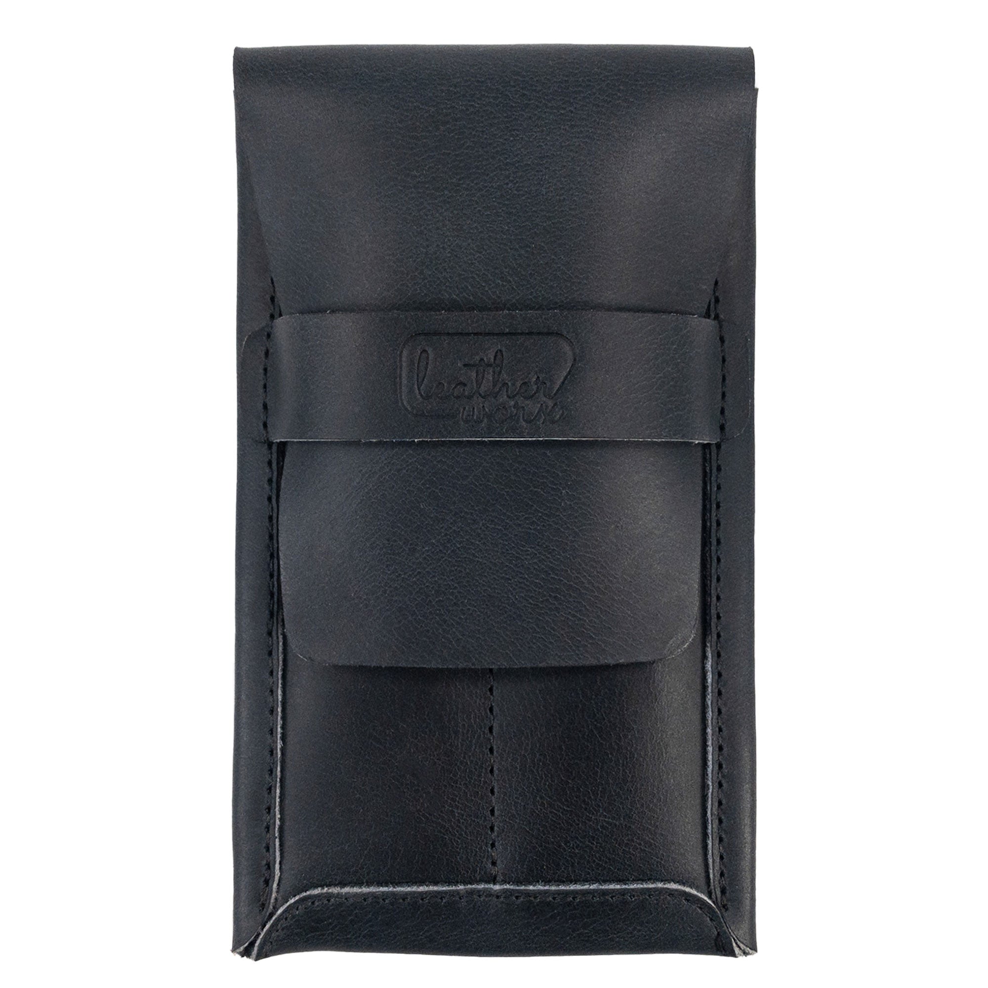Another angle of the Leather Worx Double Pen Case in black, showcasing its sleek lines and Full Grain Leather finish. This artisan product from StockyardX capitalizes on Small Batch Production, with each item being Hand Cut, Hand Sewn, and Fire Branded to ensure quality. Handmade in La Antigua Guatemala.