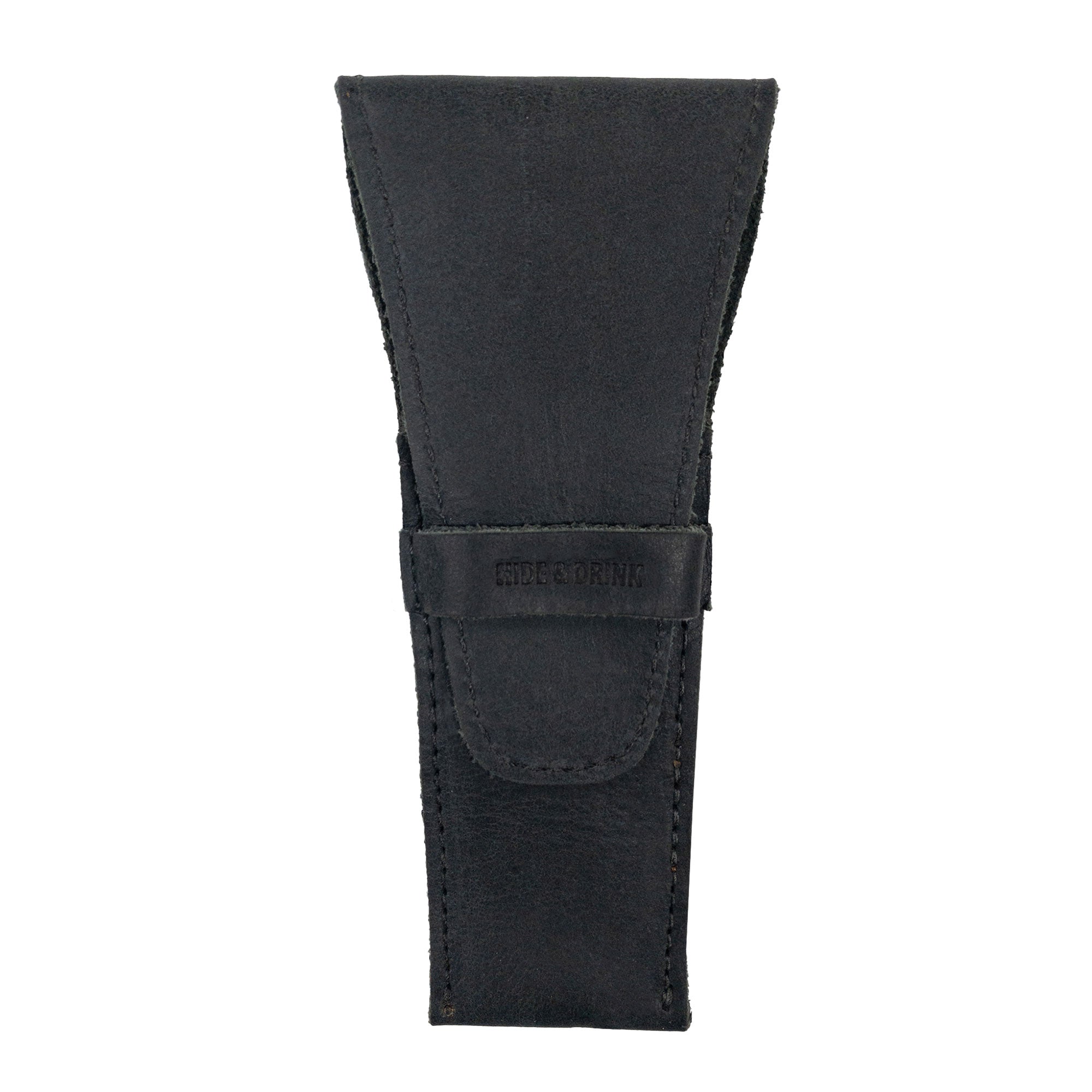 A sleek black Safety Razor Case by Hide & Drink made from full grain leather, perfect for organizing shaving accessories. This artisan-crafted case is a quality product handmade in La Antigua Guatemala and Oaxaca Mexico, reflecting small batch production.