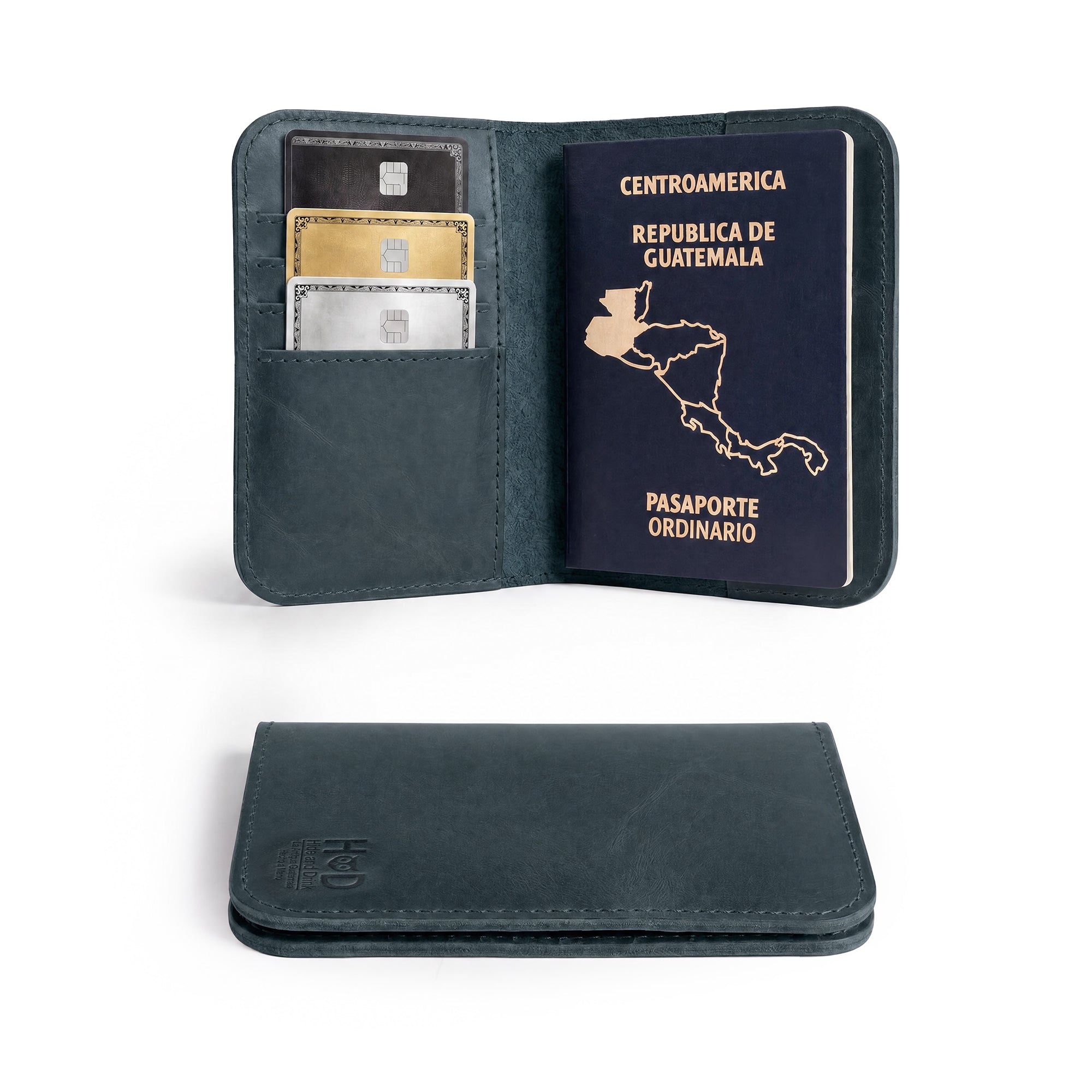 Front view of a color option of the Hide & Drink Travel Wallet, exemplifying its vintage look. This travel wallet serves as a bifold passport case, beautifully made from premium leather in La Antigua Guatemala.