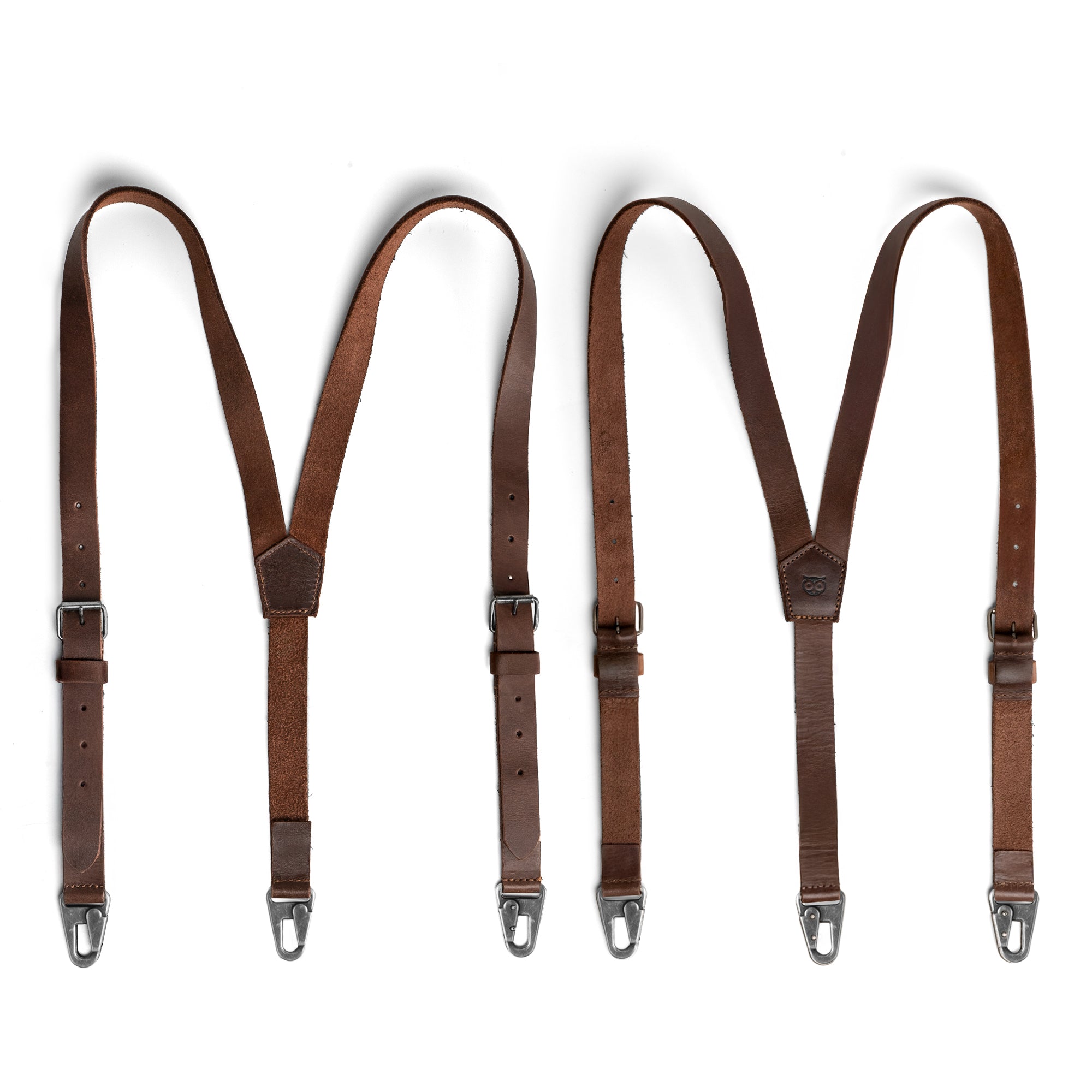 Hide & Drink Rustic Slim Suspenders made of Full Grain Leather, featuring a classic X back design. Ideal for formal occasions like weddings, offering shoulder support and style. Handmade in La Antigua Guatemala with artisan craftsmanship.
