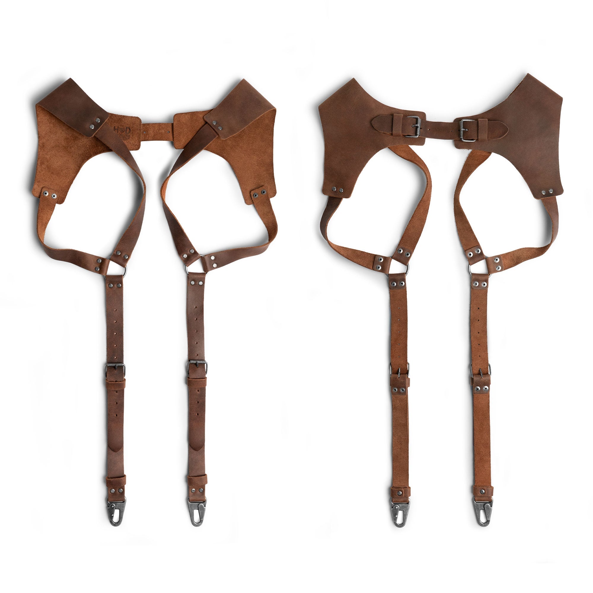 Front view of Renaissance Suspenders by Hide & Drink, an artisan, handmade in La Antigua Guatemala and Oaxaca Mexico. Perfect for groomsmen, these back support harness for men are crafted from full grain leather, showcasing small batch production techniques.