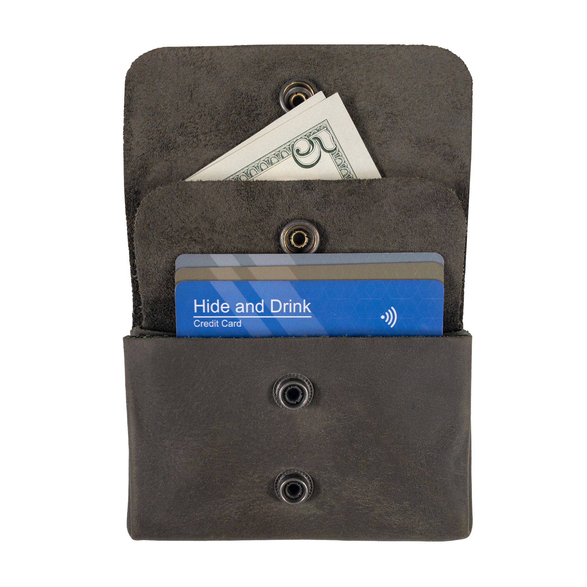 Open view of the olive Double Pouch Card Wallet by Hide & Drink showcasing cash and card storage. This Leather Double Pouch Card Wallet provides practical use as a card organizer, cash holder, or ID case for both men and women, crafted from Full Grain Leather in La Antigua Guatemala & Oaxaca Mexico.