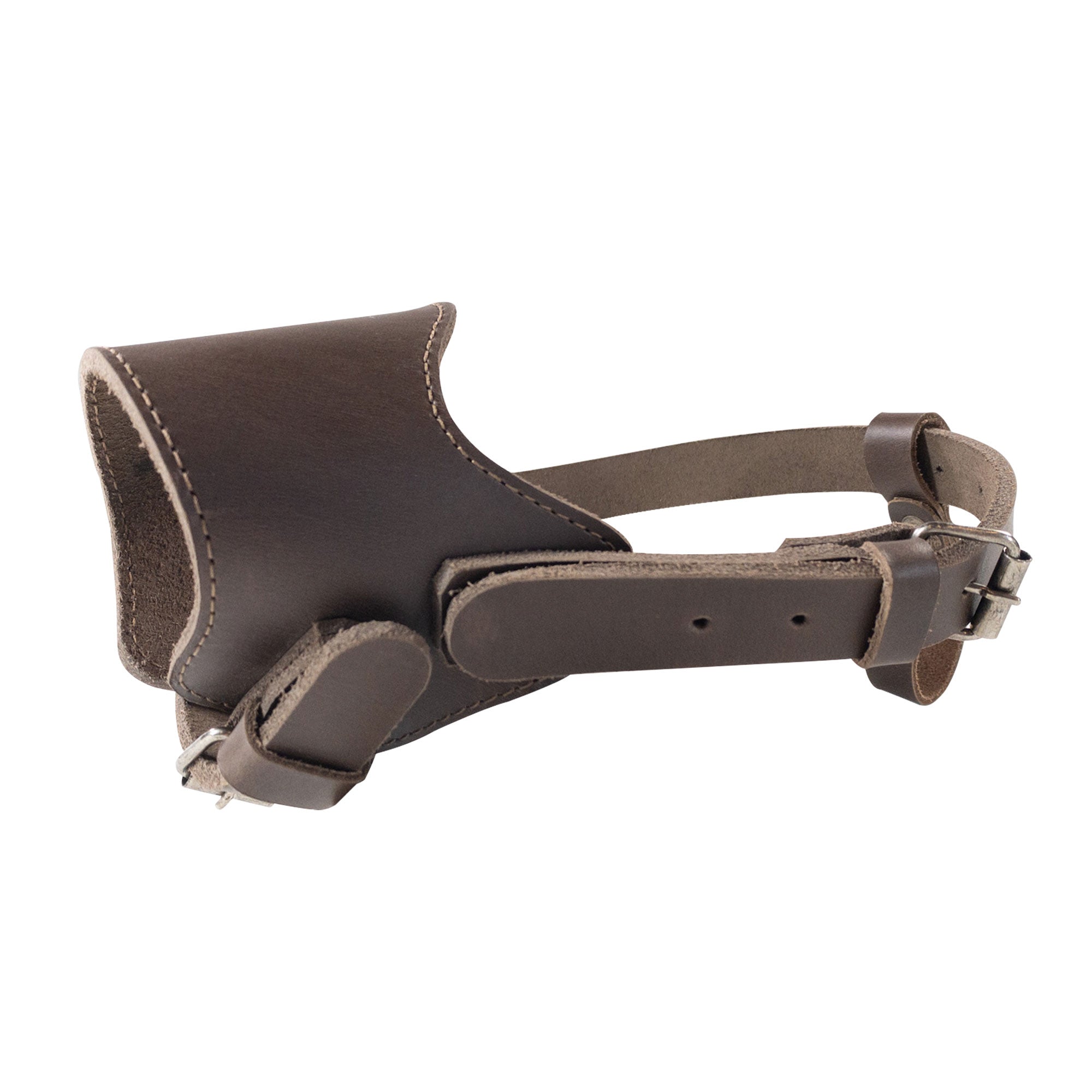 Adjustable Dog Muzzle by Taco Dog, emphasizing its comfortable design and snug fit for your pet. This handcrafted muzzle showcases small batch production quality with full grain leather, hand produced in La Antigua Guatemala.