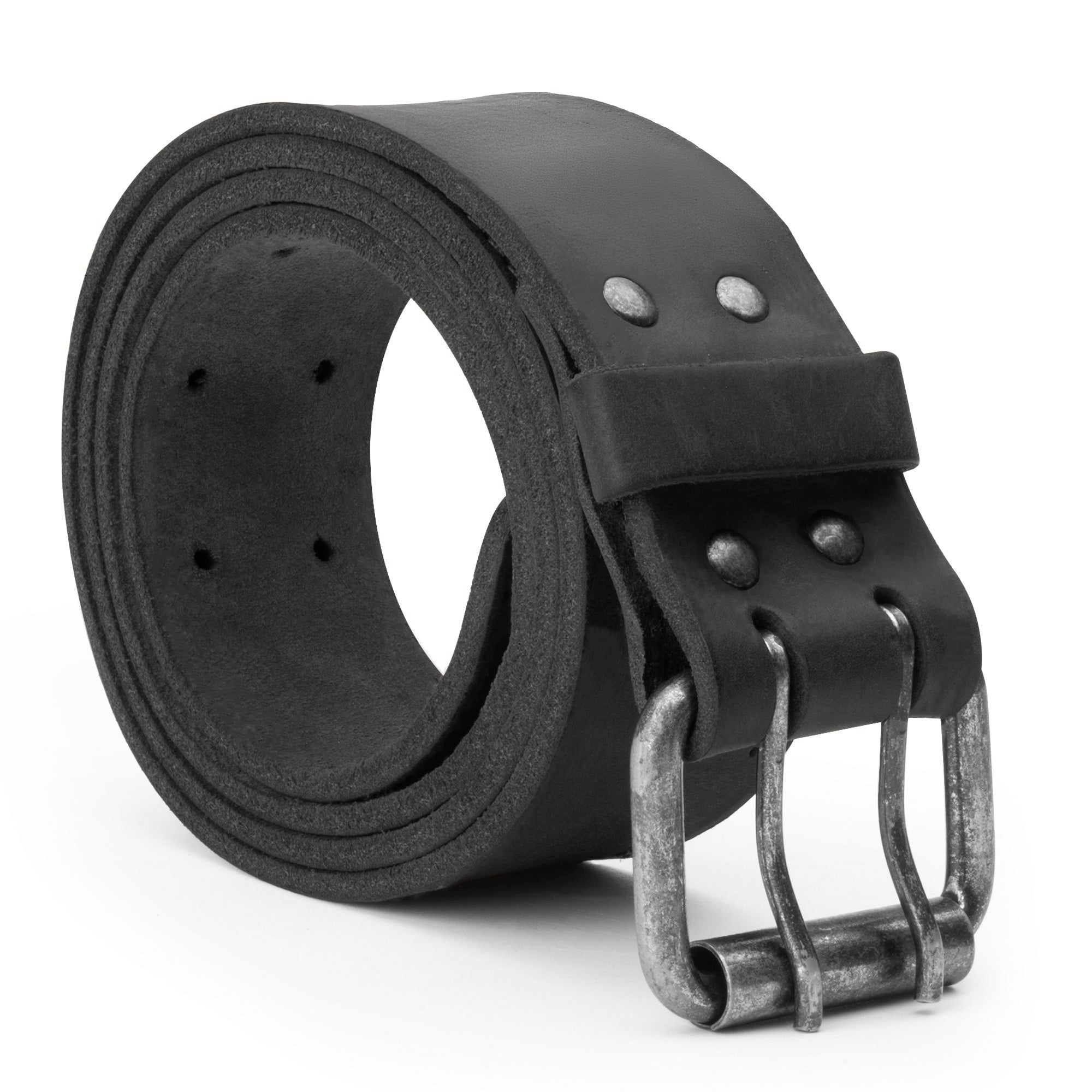 Reinforced Double Prong Buckle Belt by Hide & Drink featuring a rustic design in black. This 1.5 in. wide belt is crafted from full grain leather, representing stockyardX standards with small batch production methodology, highlighting hand cut, hand sewn, and fire branded techniques, artisan-made in La Antigua Guatemala & Oaxaca Mexico.