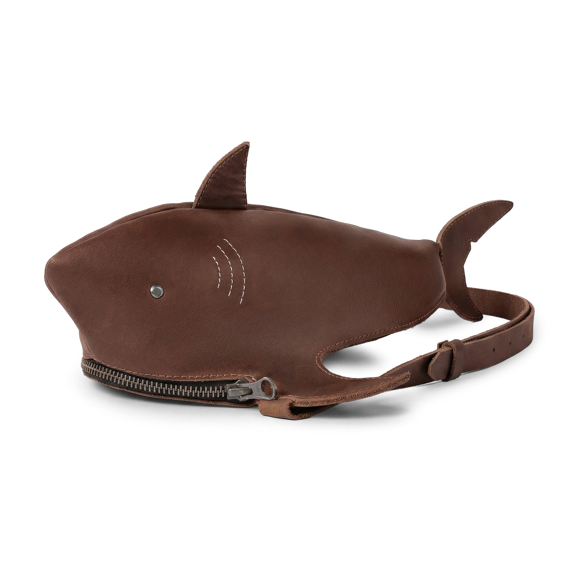 Unique Shark-Shaped Shoulder Bag by Tudi Frudi, made of Full Grain Leather, showcasing a stylish design with an adjustable strap, perfect for crossbody or messenger wear, representing artisan craftsmanship from La Antigua Guatemala and Oaxaca Mexico.