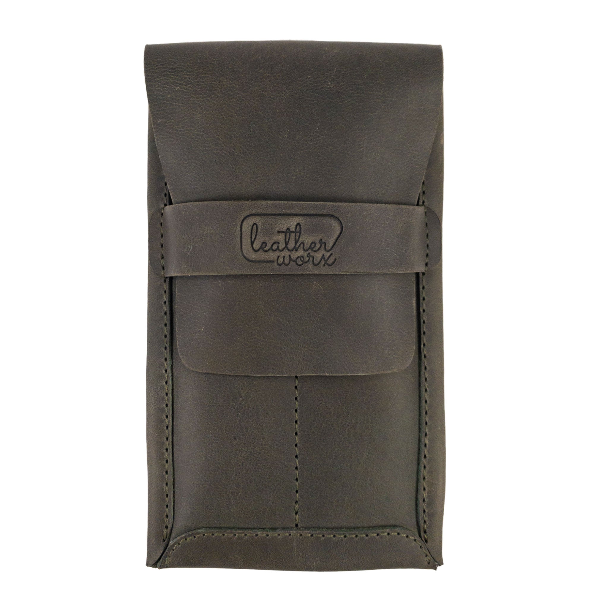 Leather Worx Double Pen Case in rich leather, emphasizing the unique character of Full Grain Leather. This artisan item features hand cut and hand sewn details, produced in small batches for quality assurance in La Antigua Guatemala.