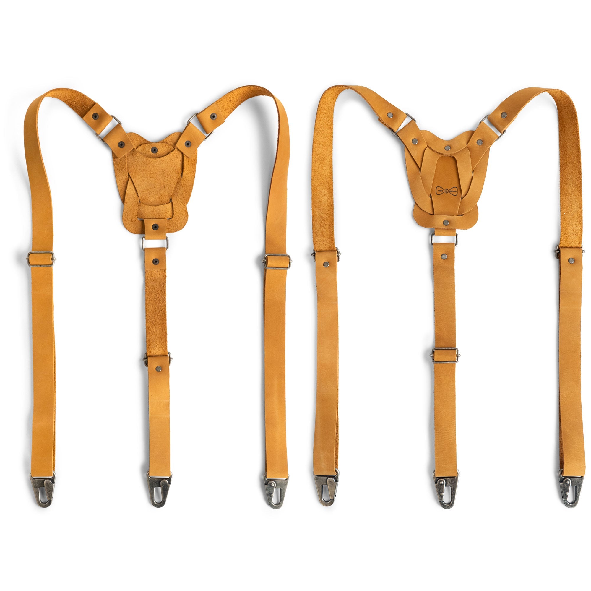 Pair of Rustic Suspenders with Adjustable Size Straps for Men in yellow from Hide & Groom, highlighting Full Grain Leather craftsmanship. Ideal for weddings and Steampunk fans, these handmade suspenders feature high-quality artisan production.