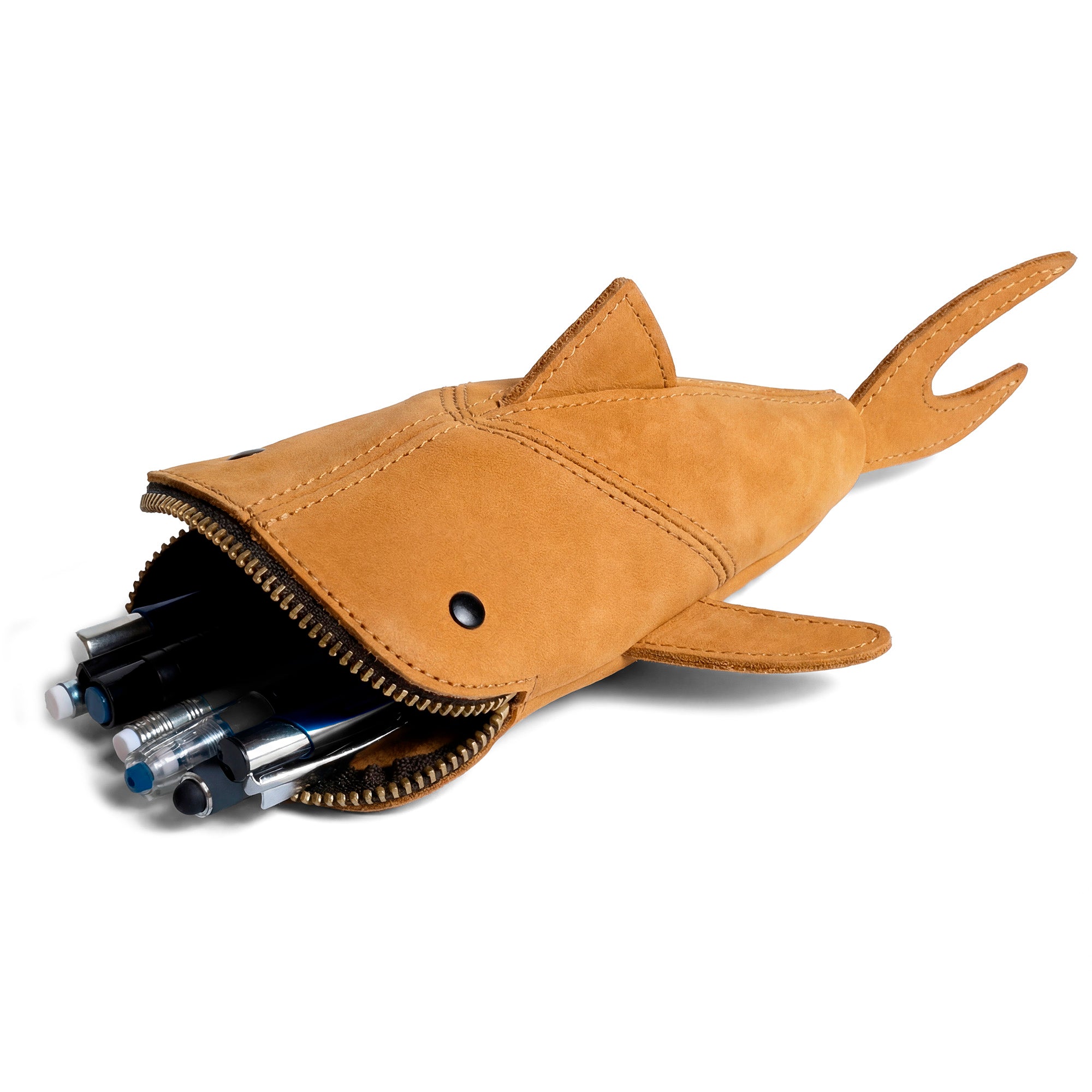Hide & Drink Leather Shark Pouch filled with pens, showcasing its versatility as a zippered coin pouch, change bag, and pencil purse. Made from full grain leather, this handmade item features a unique shark design perfect for organizing your essentials, crafted in small batches by artisans in La Antigua Guatemala and Oaxaca Mexico.