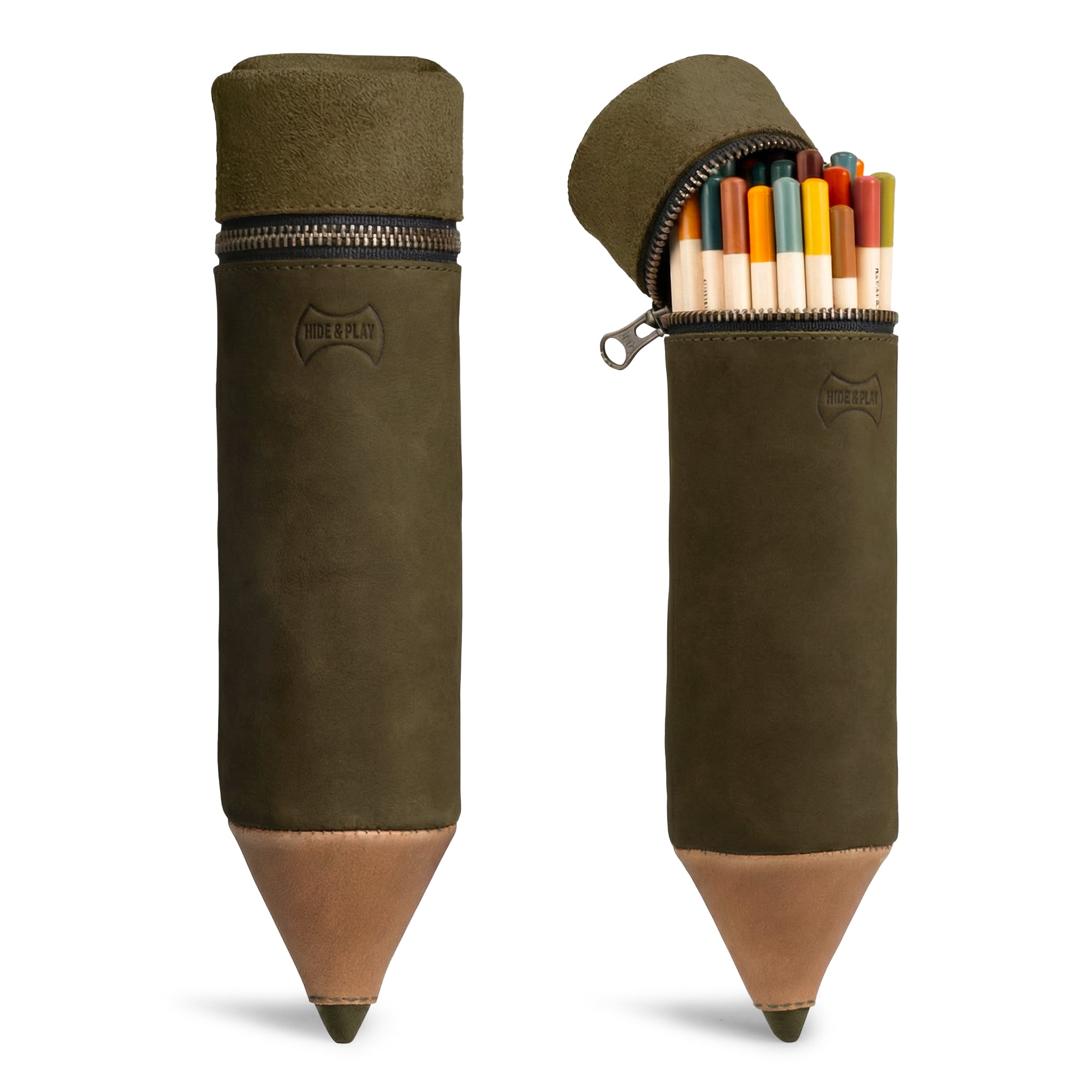 Hide & Play Pencil-Shaped Case designed for organizing pens, pencils, markers, and office accessories. This zippered bag features a charming pencil shape and is made of full grain leather. Perfect for stylish pen storage, it showcases small batch production and artisan craftsmanship, handmade in La Antigua Guatemala & Oaxaca Mexico.