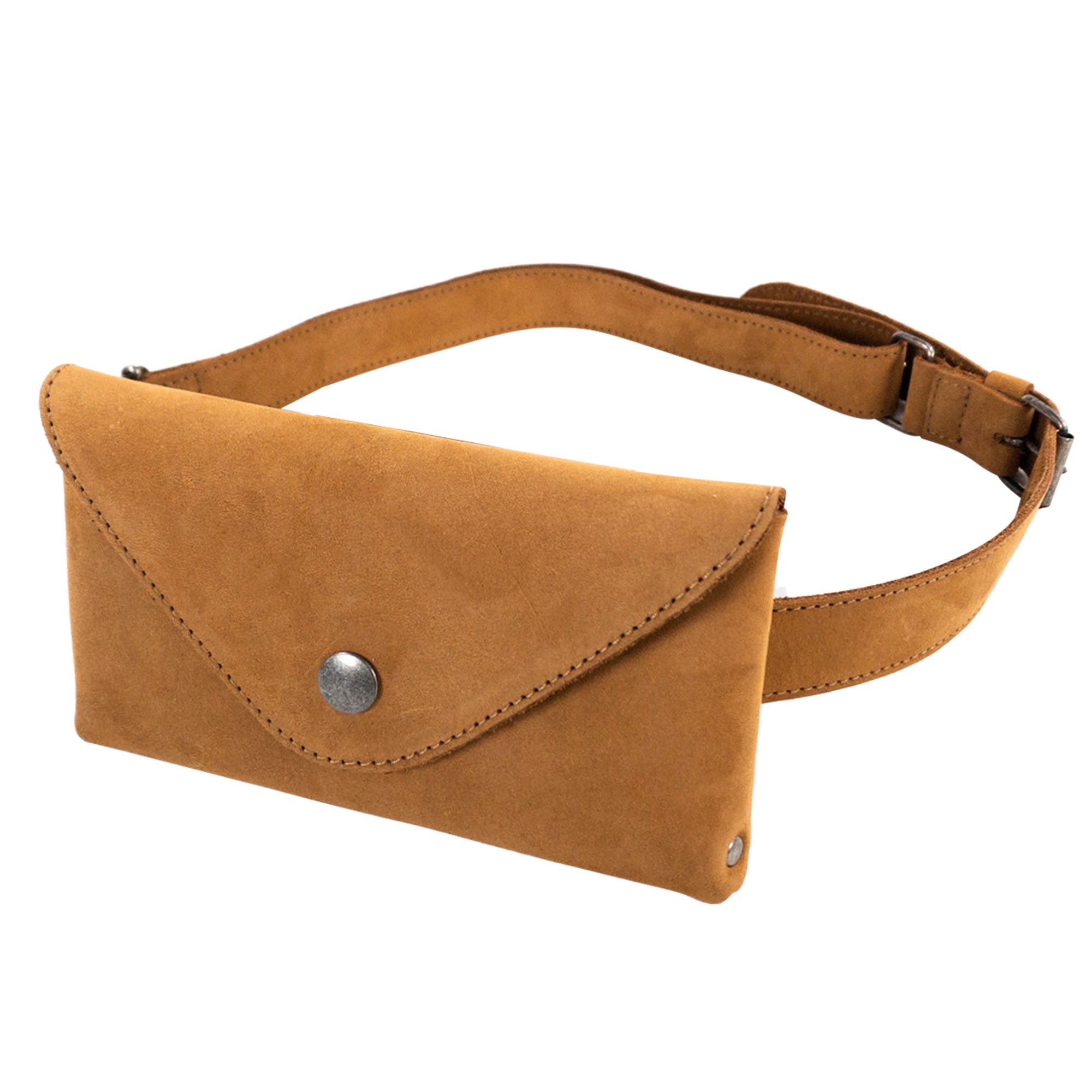 Side view of the Fancy Fanny Pack in rich brown from Hide & Drink, demonstrating attention to detail. Made with full grain leather, this waist pouch serves as both a stylish phone holder and a modern medieval bag for digital nomads.