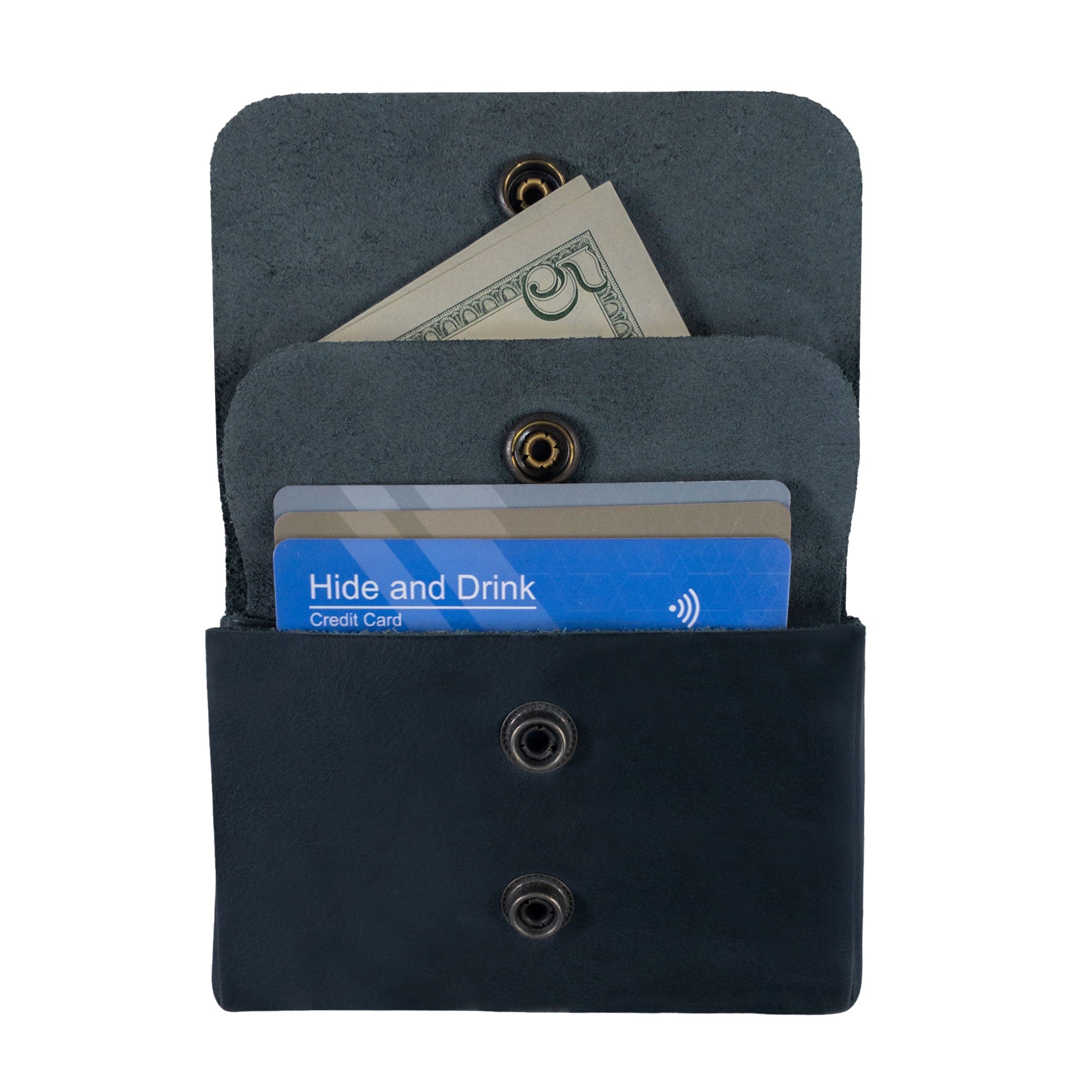 Open view of the gray Double Pouch Card Wallet by Hide & Drink displaying cash and cards inside. This Leather Double Pouch Card Wallet functions smoothly as a card organizer, cash holder, or ID case for both men and women, crafted from Full Grain Leather in La Antigua Guatemala & Oaxaca Mexico.