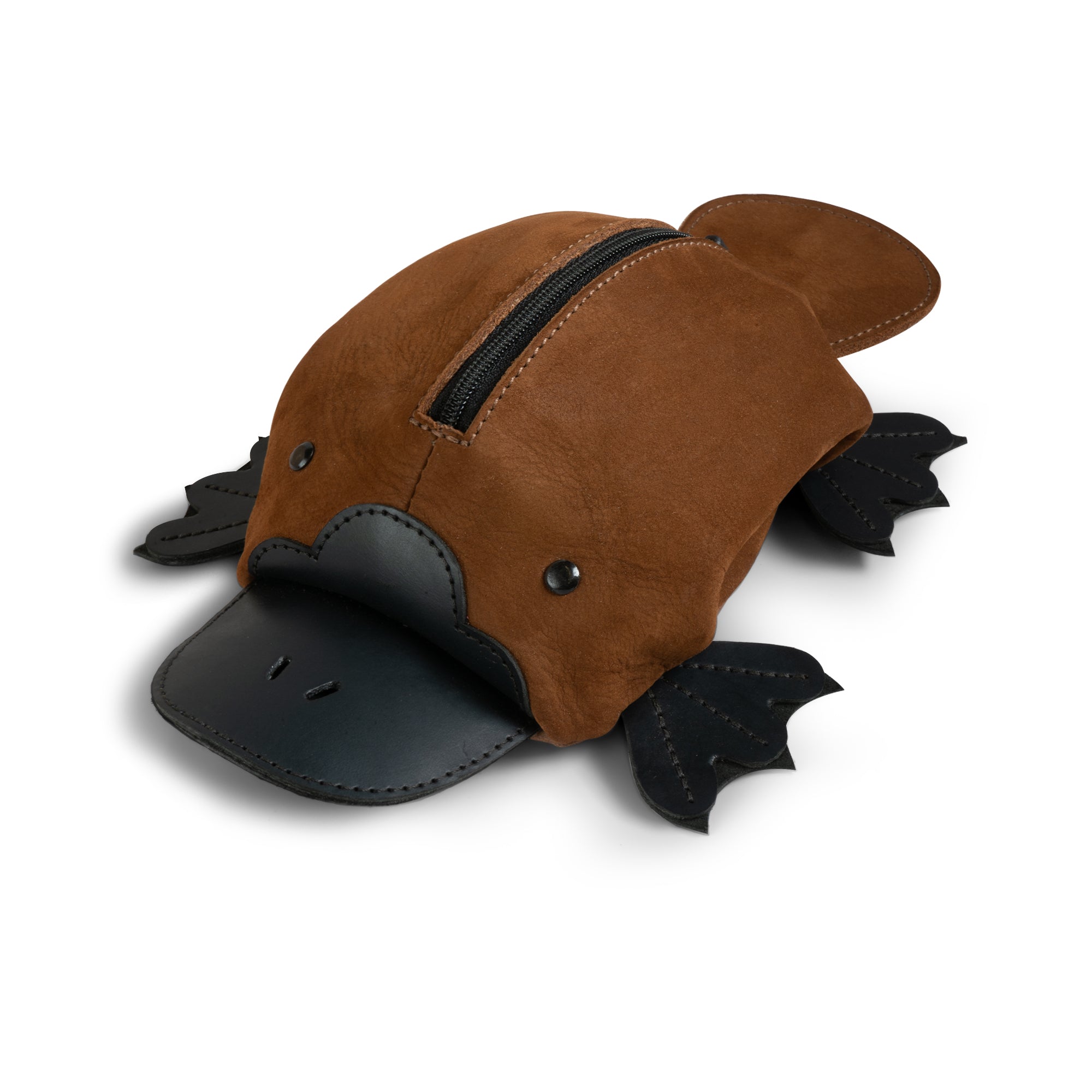 The Tudi Frudi Leather Platypus-shaped Pouch showcases a charming design, perfect as a small coin organizer or zippered cash holder wallet for coins. This unique change purse doubles as a money pouch for men and women, crafted from full grain leather with small batch production methods and hand cut, hand sewn detail. A delightful accessory, handmade in La Antigua Guatemala & Oaxaca Mexico.
