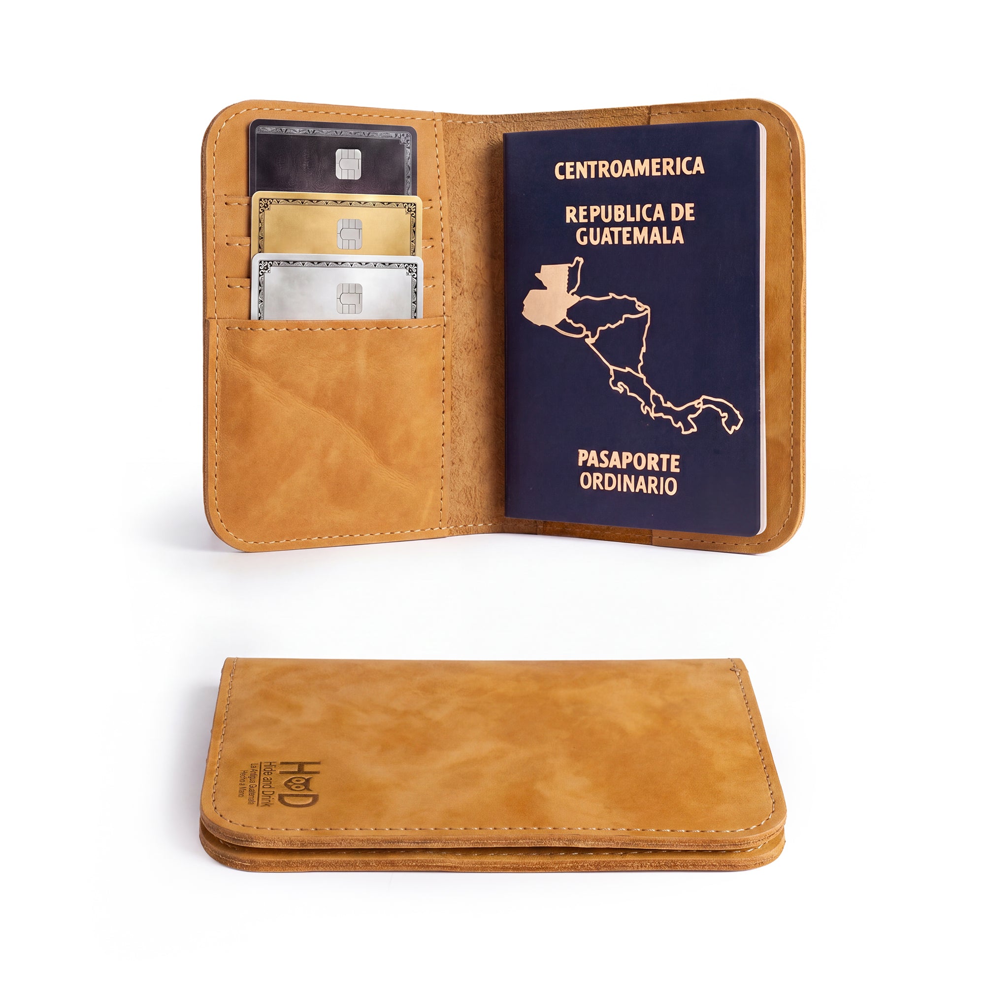 Front profile of the Hide & Drink Travel Wallet in a rich color. This travel wallet serves as a bifold passport case, handcrafted from premium leather in La Antigua Guatemala.