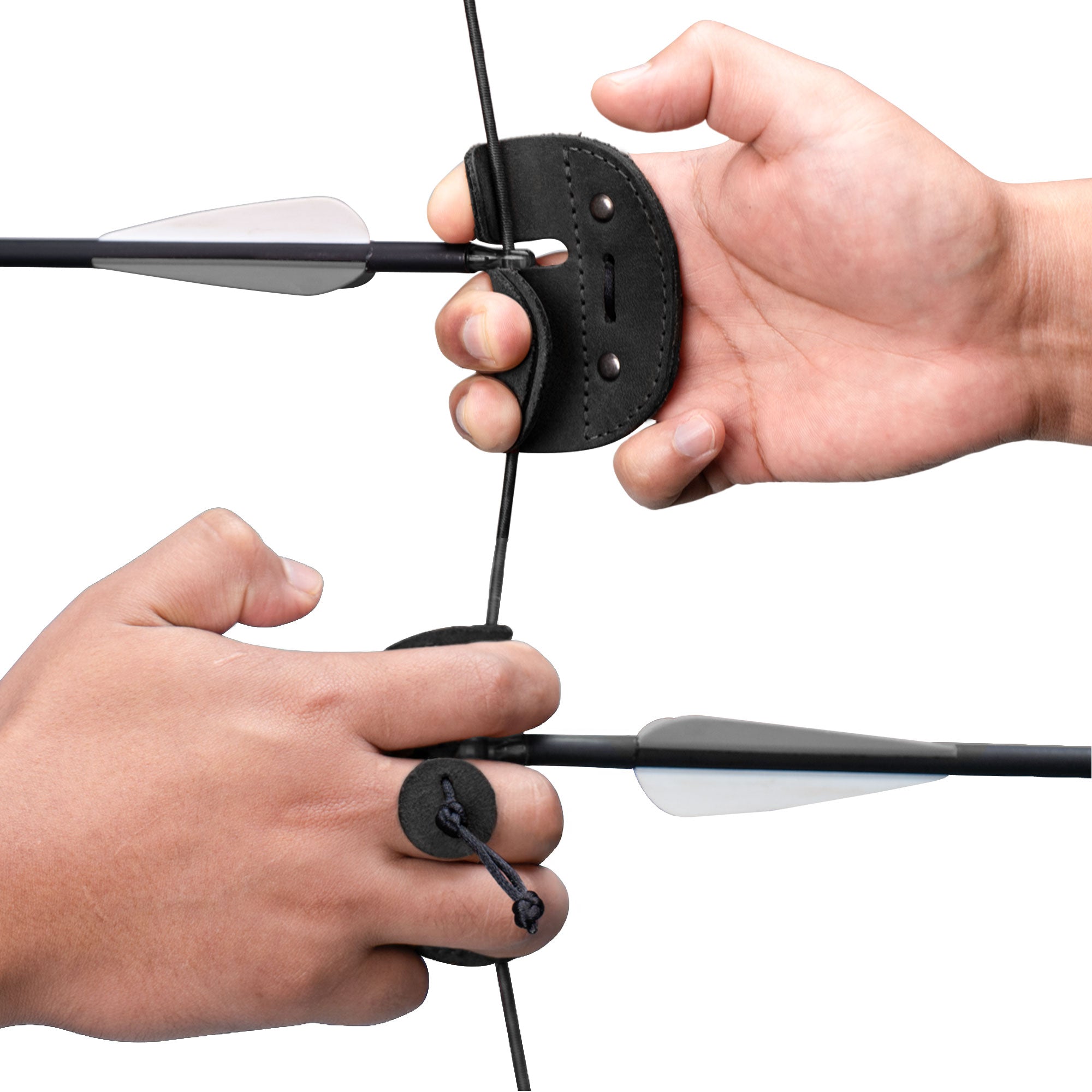 Right Handed Archery Finger Protector by Hide & Drink, shown in action with a shooter aiming. This Archery Finger Tab protects the fingers during archery sessions, made from durable Full Grain Leather. Perfect for shooting practice gear, its design aligns with the principles of Small Batch Production, featuring Hand Cut, Hand Sewn quality, and fire branding, proudly handmade in La Antigua Guatemala & Oaxaca Mexico.