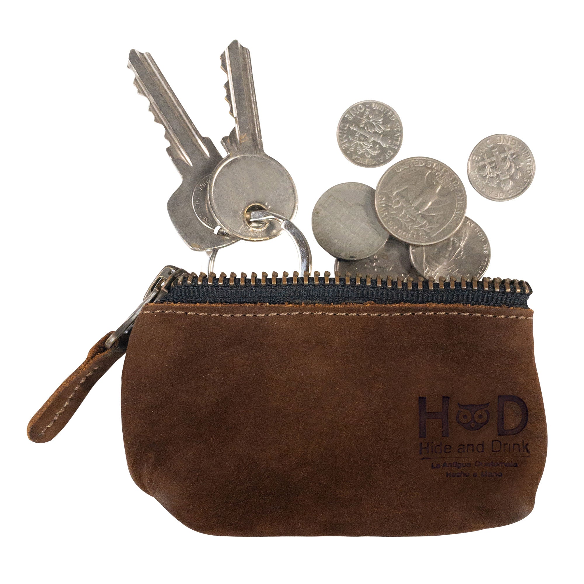 Hide & Drink Key Holder Zippered Pouch with keys and coins, highlighting its practical design for organizing small items. A vintage style pouch ideal for memory cards or charging cables, made from full grain leather.