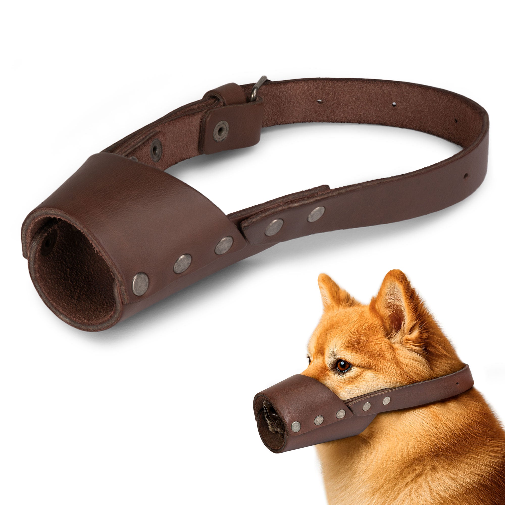 Riveted Dog Muzzle by Hide & Drink featuring a secure design for dogs, ideal for preventing biting and chewing. This handmade full grain leather dog muzzle guard is perfect for breeds like Pitbulls and German Shepherds, available in small, medium, and large sizes. Artisan-crafted in La Antigua Guatemala & Oaxaca Mexico.