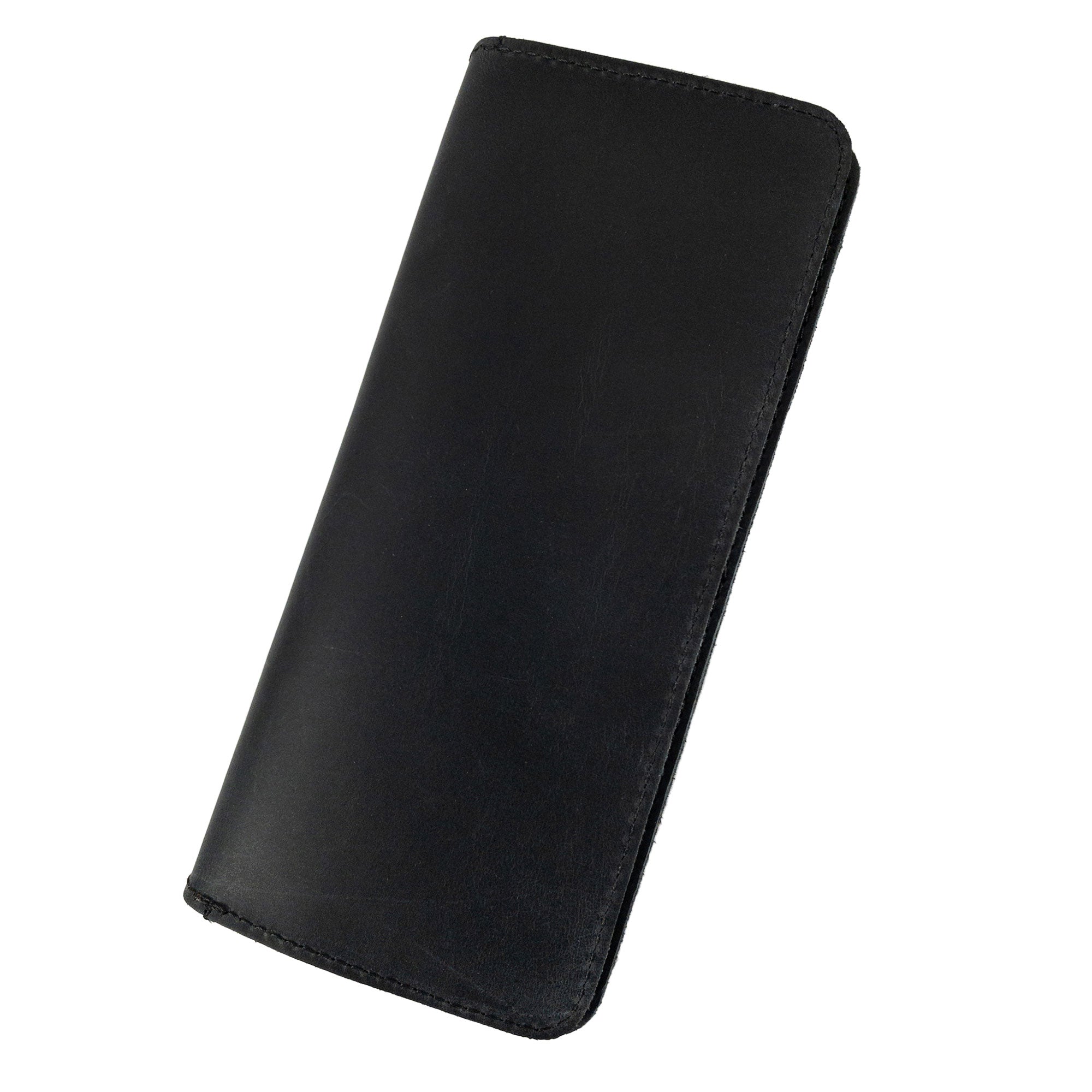 Sleek black bifold wallet for cellphone by Hide & Drink, showcasing its minimalist design. This modern Bifold Wallet for Cellphone is constructed from high-quality Full Grain Leather for long-lasting use. Appreciate the artisan craftsmanship through small batch production in La Antigua Guatemala & Oaxaca Mexico.