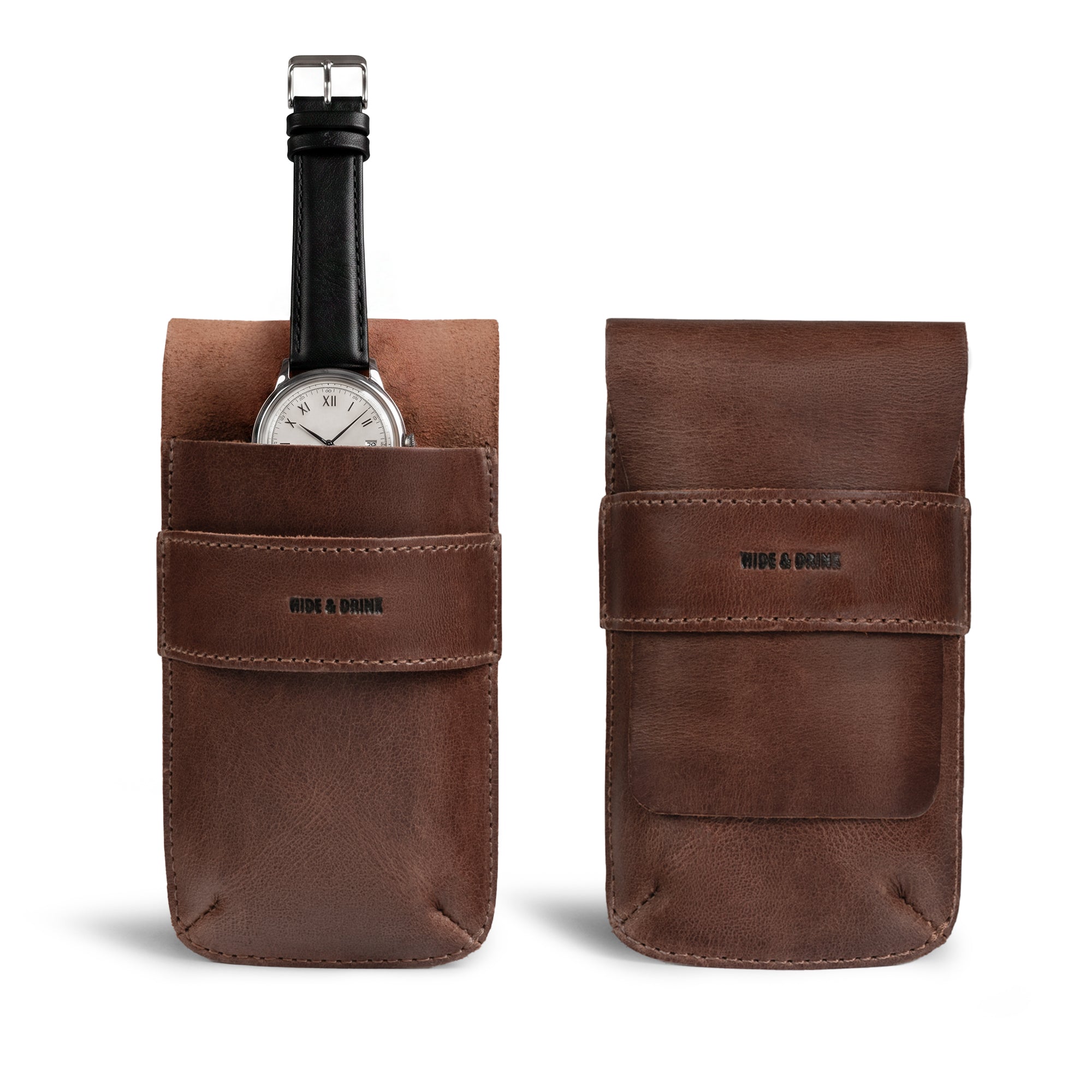 Stylish Single Watch Pouch by Hide & Drink, featuring a vintage sleeve for watch storage, made from full grain leather. This portable storage watch case for men is perfect for travel, showcasing artisan craftsmanship with hand cut and hand sewn details. A compact carrying holder and vintage travel accessory, it embodies small batch production from La Antigua Guatemala & Oaxaca, Mexico.