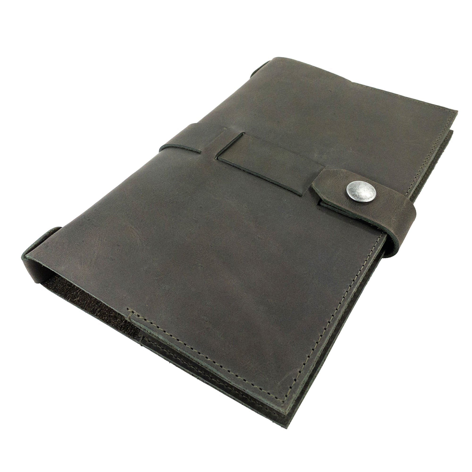 Open view of Hide & Drink's Riveted Field Note Cover for Moleskine (5 x 8.25 in.) Notebook NOT Included, showcasing lined pages for easy writing. This cover is an artisan product made from full grain leather in La Antigua Guatemala & Oaxaca, Mexico.