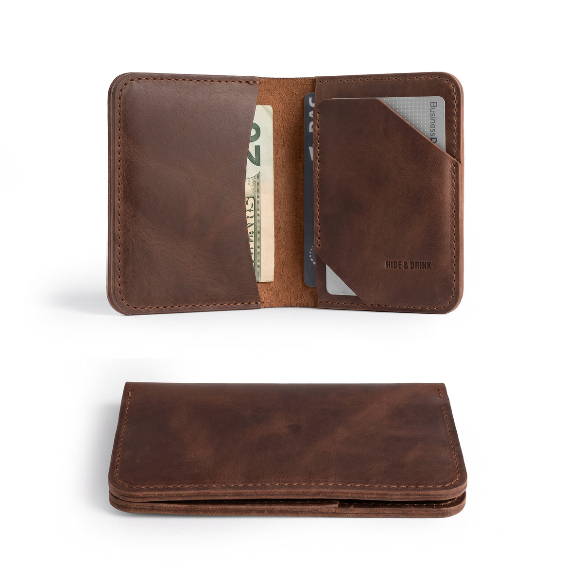 Inside view of the Bi-Fold Card Wallet Diagonal by Hide & Drink, showcasing a minimalist design to hold up to 5 cards plus folded bills, made of full grain leather, perfect as a cash organizer. Ideal for accessories, handcrafted in La Antigua Guatemala.