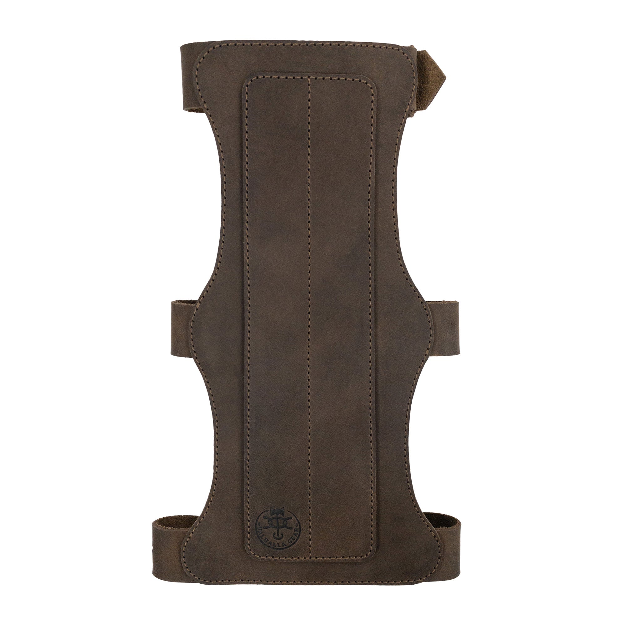 The 3-Buckle Archery Bracer from Valhalla Gear displayed flat. This armband is crafted from full grain leather, showcasing the handmade quality. The adjustable buckle straps provide a secure fit, making it an essential forearm protector for bow shooting practice.