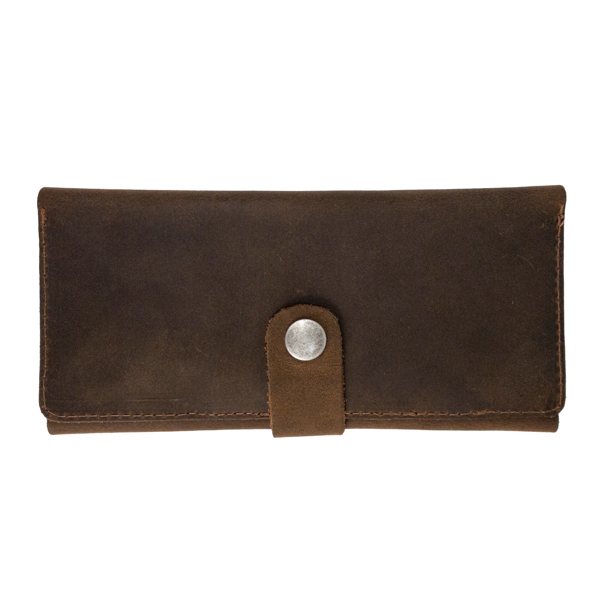 Exterior view of the Hide & Drink Folio Wallet With Pouch, made from premium full grain leather, featuring a stylish snap button closure. This durable wallet is hand cut and hand sewn, reflecting artisan quality and designed for convenience in carrying coins and flat bills.