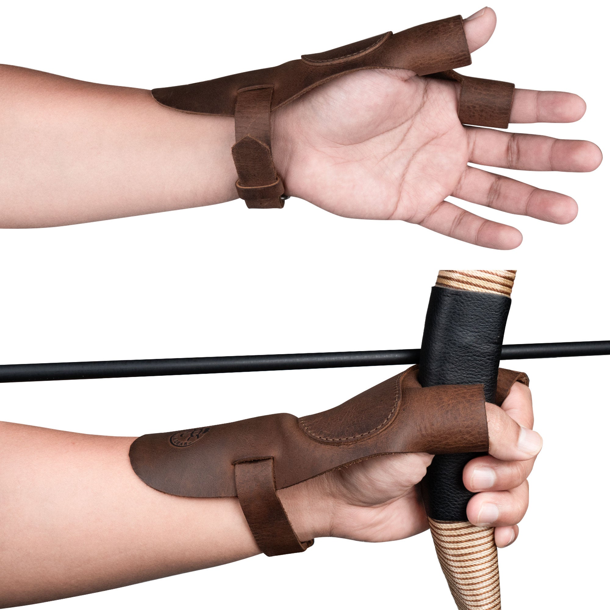 A close-up view of the Reinforced Archery Shooting Glove in action, showcasing how it serves as a Hand Guard while holding a recurve bow. This Full Grain Leather glove offers Wrist and Finger Protection, ideal for Shooting Targeting and Cosplay, handcrafted through Small Batch Production methods in La Antigua Guatemala.