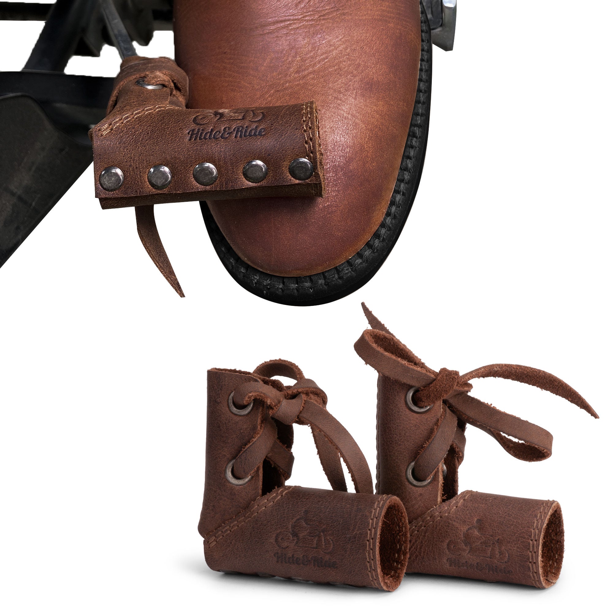 A close-up image of a foot wearing a brown leather boot with the Hide & Ride Shift Lever Sock. This handmade motorcycle shoe protector features full grain leather, providing durable gear cover for motorbike enthusiasts while protecting footwear during rides. Perfect for those who appreciate artisan craftsmanship and quality, made in La Antigua Guatemala.