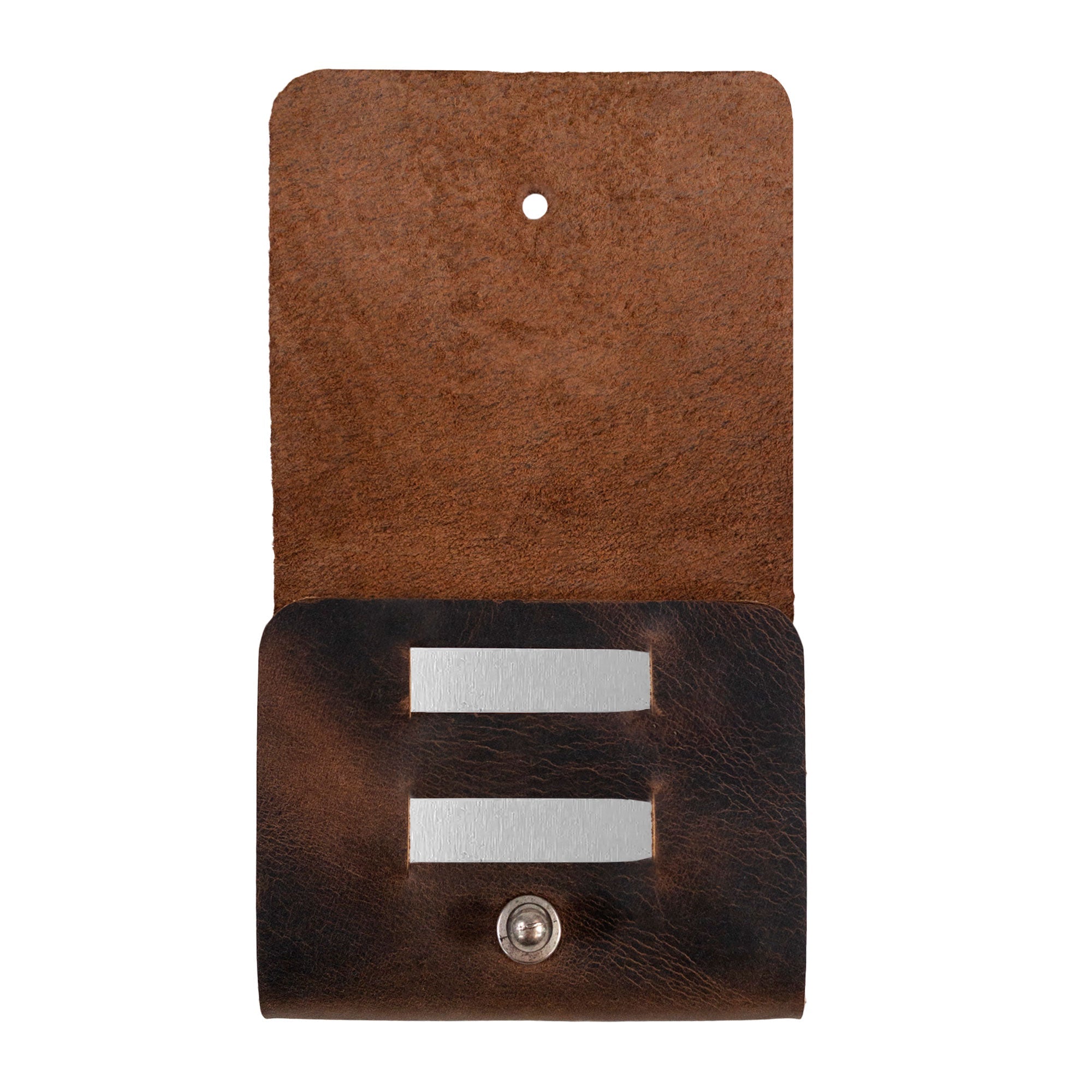 Collar Stays Organizer by Hide & Groom showcasing a rustic collar stays case made of full grain leather, perfect for groomsmen, best man, or dinner parties. Handmade in La Antigua Guatemala with artisan quality, featuring small batch production and fire branded details.