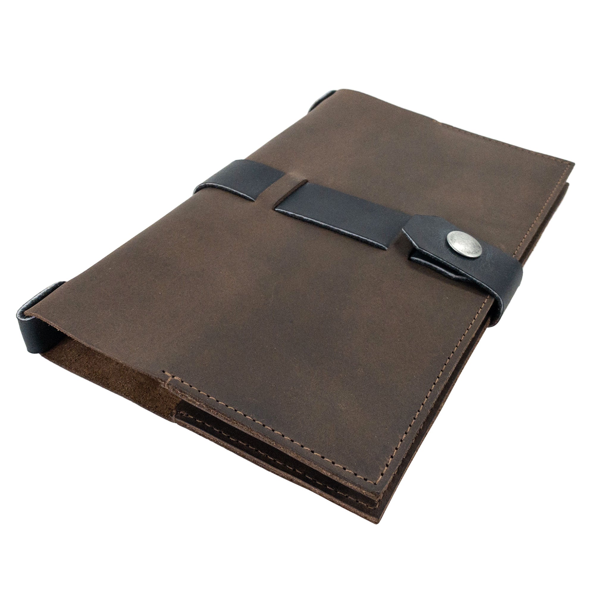 Sleek design of Hide & Drink's Riveted Field Note Cover for Moleskine (5 x 8.25 in.) Notebook NOT Included, showcased in luxurious brown leather. This high-quality cover embodies the artisan tradition from La Antigua Guatemala & Oaxaca, Mexico.