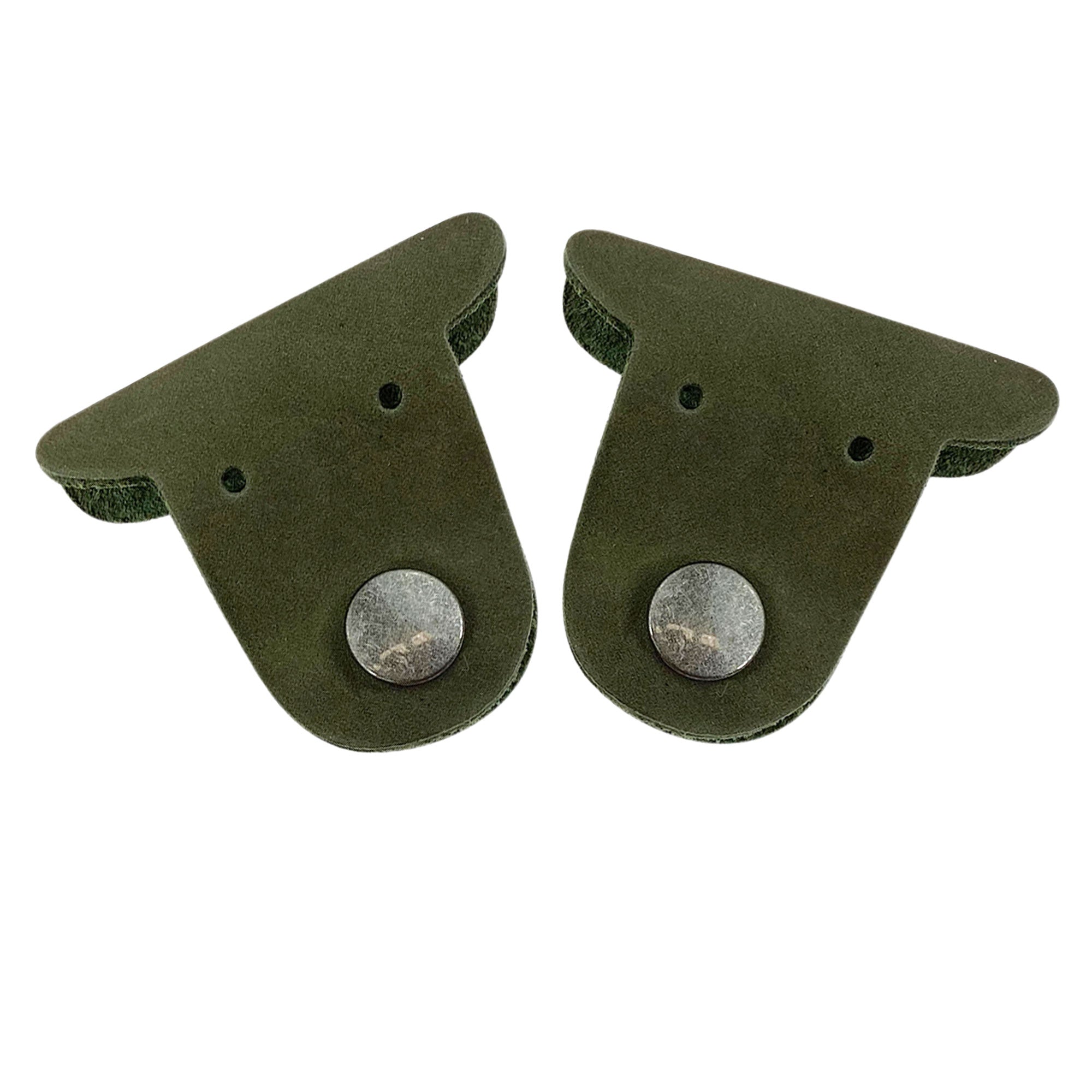 Two green Dog Cord Keepers by Taco Dog, designed to keep your cords tangle-free and organized. Crafted from full grain leather, these handmade accessories clip together for easy management in travel. Experience the artisan craftsmanship of La Antigua Guatemala with this charming 2 pack.