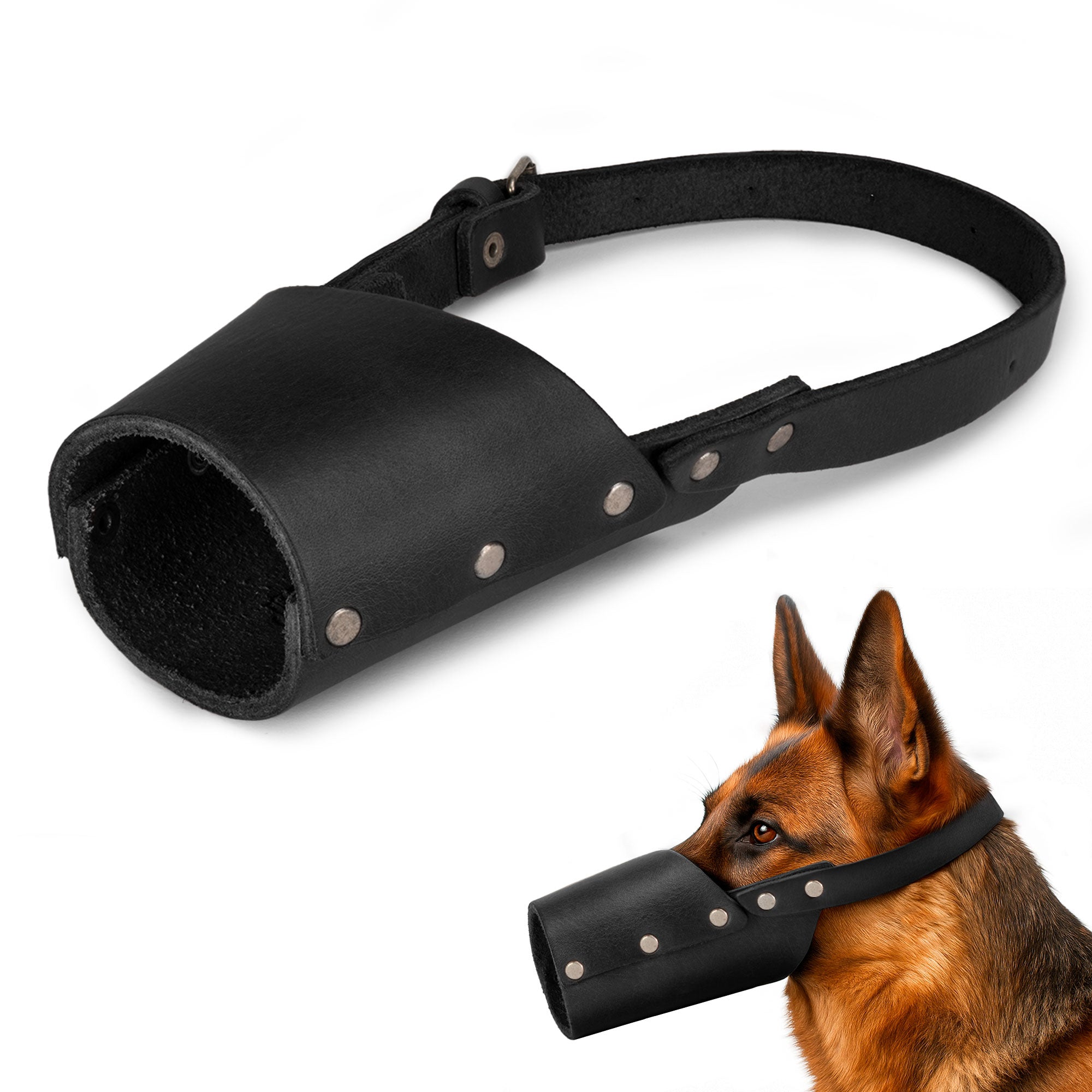 Riveted Dog Muzzle by Hide & Drink displayed with brand card, emphasizing its artisan craftsmanship and dedication to quality. This secure muzzle guard prevents biting and chewing and is crafted from full grain leather for all breeds, including Pitbulls and German Shepherds, handmade in La Antigua Guatemala & Oaxaca Mexico.