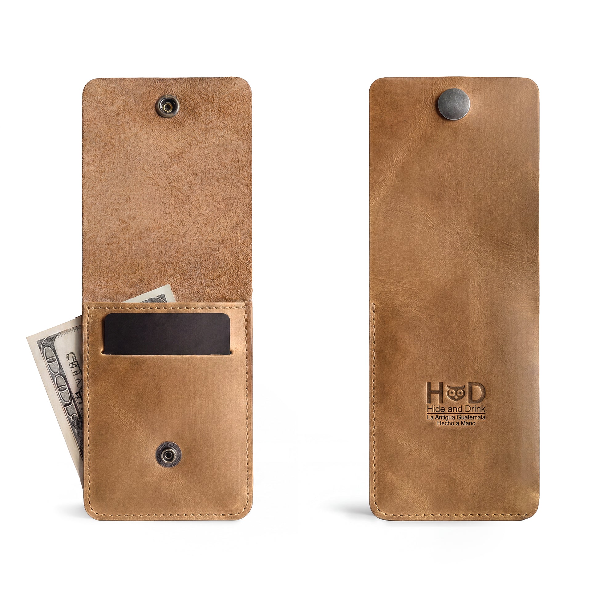 Side view of the brown Vertical Wallet by Hide & Drink illustrating its sleek and compact profile. This Vertical Front Pocket Wallet with Card Slot delivers efficient storage for bills while serving as a stylish card holder, crafted from full grain leather under small batch production, featuring hand cut and hand sewn details, fire branded for quality. Handmade in La Antigua Guatemala & Oaxaca Mexico.