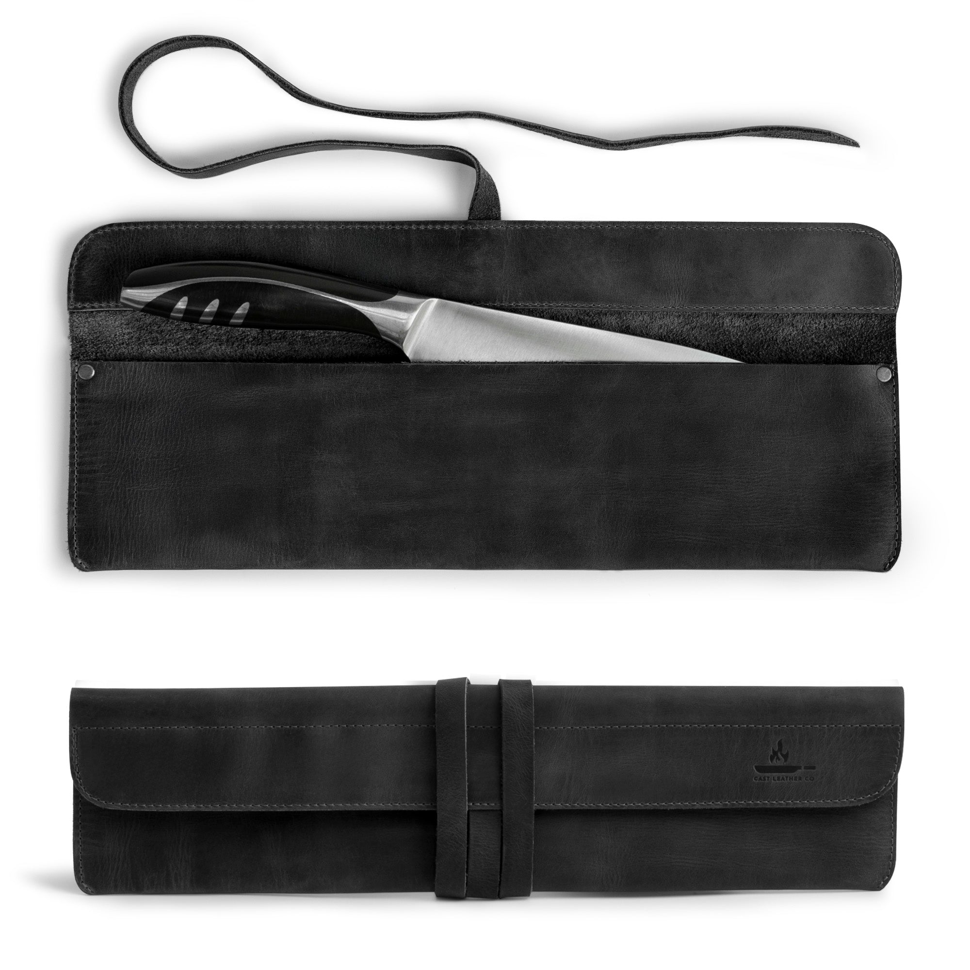 Cast Leather Co. Single Leather Knife Case in black, presenting an organized compartment for chef's knives. This leather chef knife sheath offers professional chefs a sleek solution for knife storage. Made from durable full grain leather in La Antigua Guatemala and designed for travel, it's a perfect gift for culinary enthusiasts.