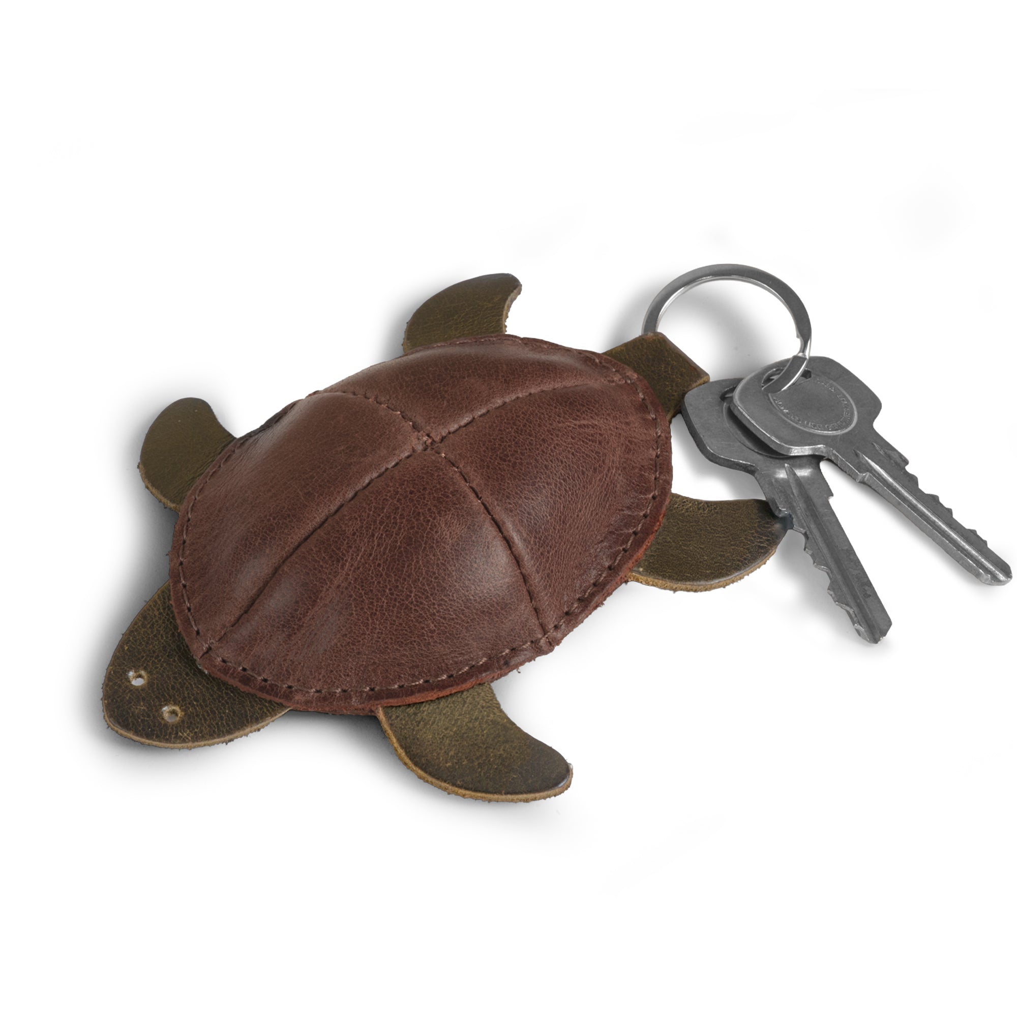 Turtle Mini Pouch Keychain by Hide & Drink, featuring a handcrafted leather turtle design perfect for storing keys and small items. This Leather Turtle Coin Purse is made from Full Grain Leather, showcasing small batch production and artisan craftsmanship from La Antigua Guatemala.