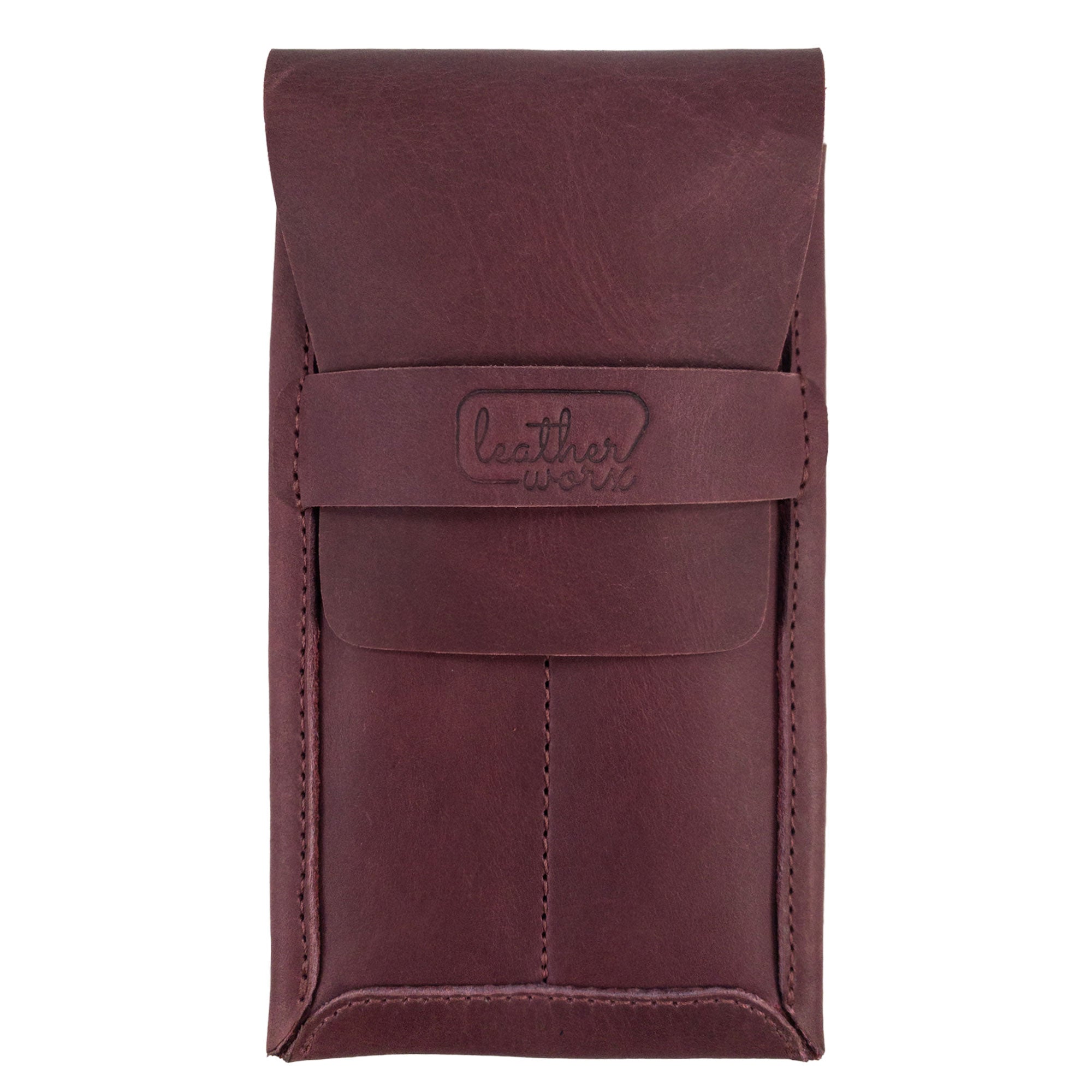 Side view of the Leather Worx Double Pen Case in rich burgundy, made from Full Grain Leather. This artisan product combines Small Batch Production, Hand Cut, and Hand Sewn methods, highlighting the unique craftsmanship from La Antigua Guatemala.