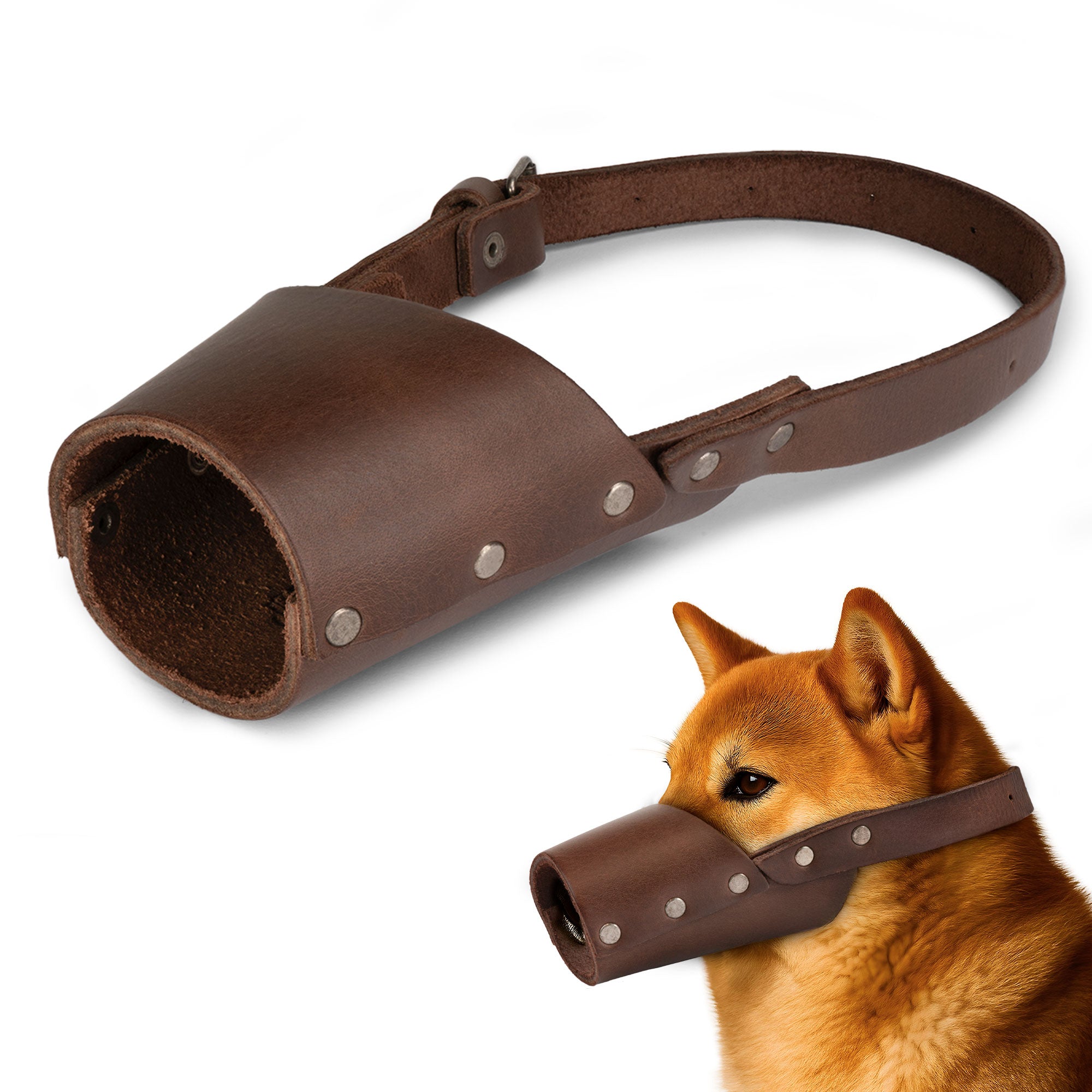 Taco Dog Dog Muzzle elegantly displayed, designed for comfort and safety, handmade from premium full grain leather. This Dog Muzzle acts as a secure guard and prevents biting and chewing, a prime choice for training your dog.