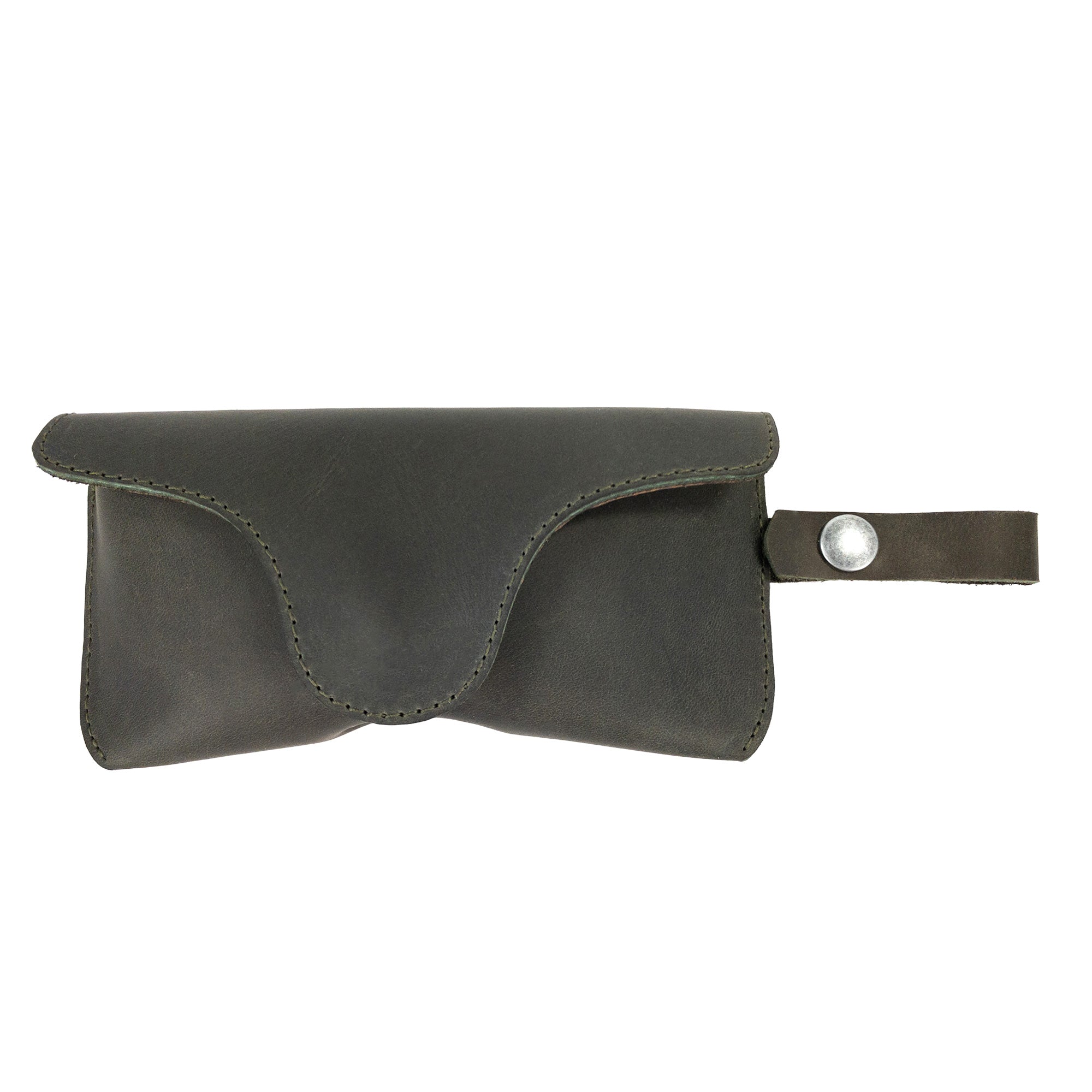 Dark Green Eyeglasses Case with Strap by Hide & Drink, featuring a chic design. Made from full grain leather, this sunglasses case acts as a durable protector for eyewear, reflecting small batch production by artisans in La Antigua Guatemala & Oaxaca Mexico.