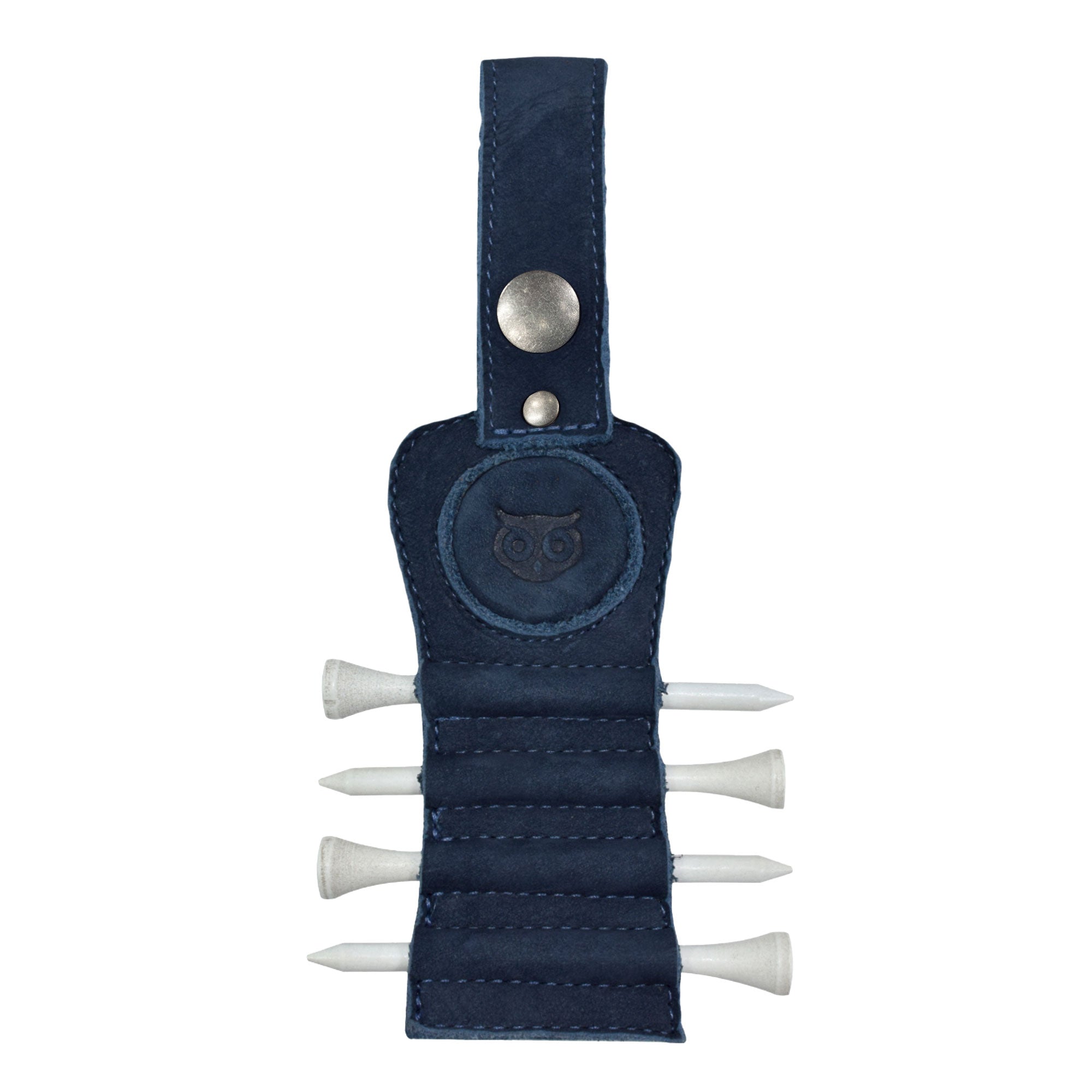 Hide & Drink Golf Tee Holder in rich blue leather, designed with slots for golf tees. This stylish and practical accessory is perfect for golfers, featuring a clip for easy attachment to bags or belts, handmade in La Antigua Guatemala.