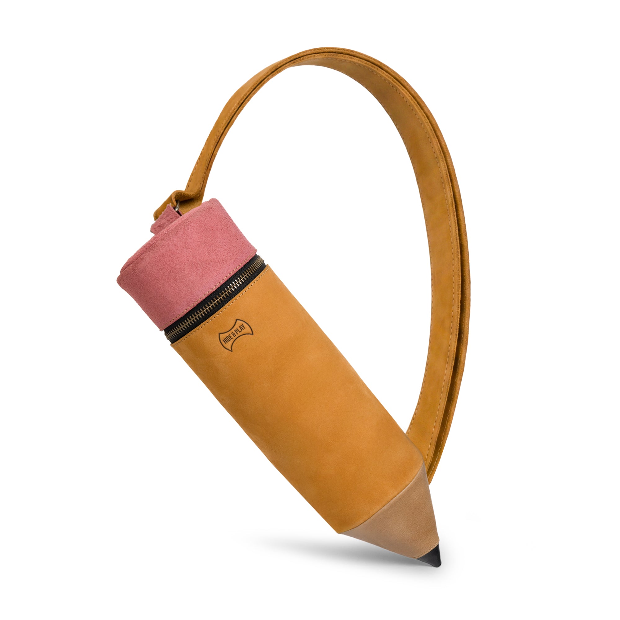 Stylish Pencil-Shaped Crossbody Bag by Hide & Play, showcasing a unique leather design with an adjustable shoulder strap. This Leather Pencil-Shaped Crossbody Bag exemplifies small batch production and artisan craftsmanship, ideal as a messenger bag or travel backpack for men and women.