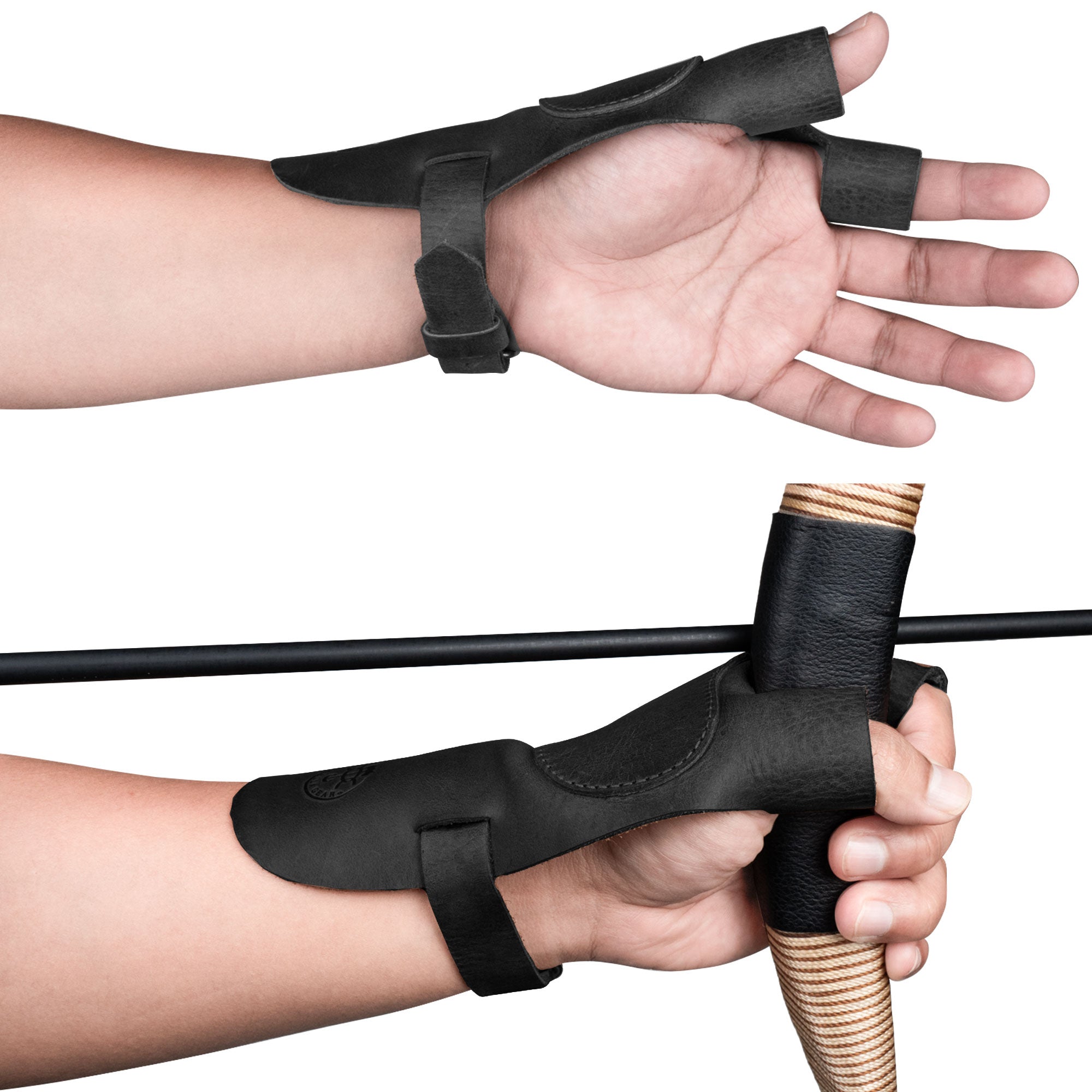 A pair of hands wearing the black variant of the Reinforced Archery Shooting Glove, showing its versatility and grip while handling a recurve bow. This Full Grain Leather glove ensures Wrist and Finger Protection, perfect for Shooting Targeting and Cosplay, handmade in La Antigua Guatemala.