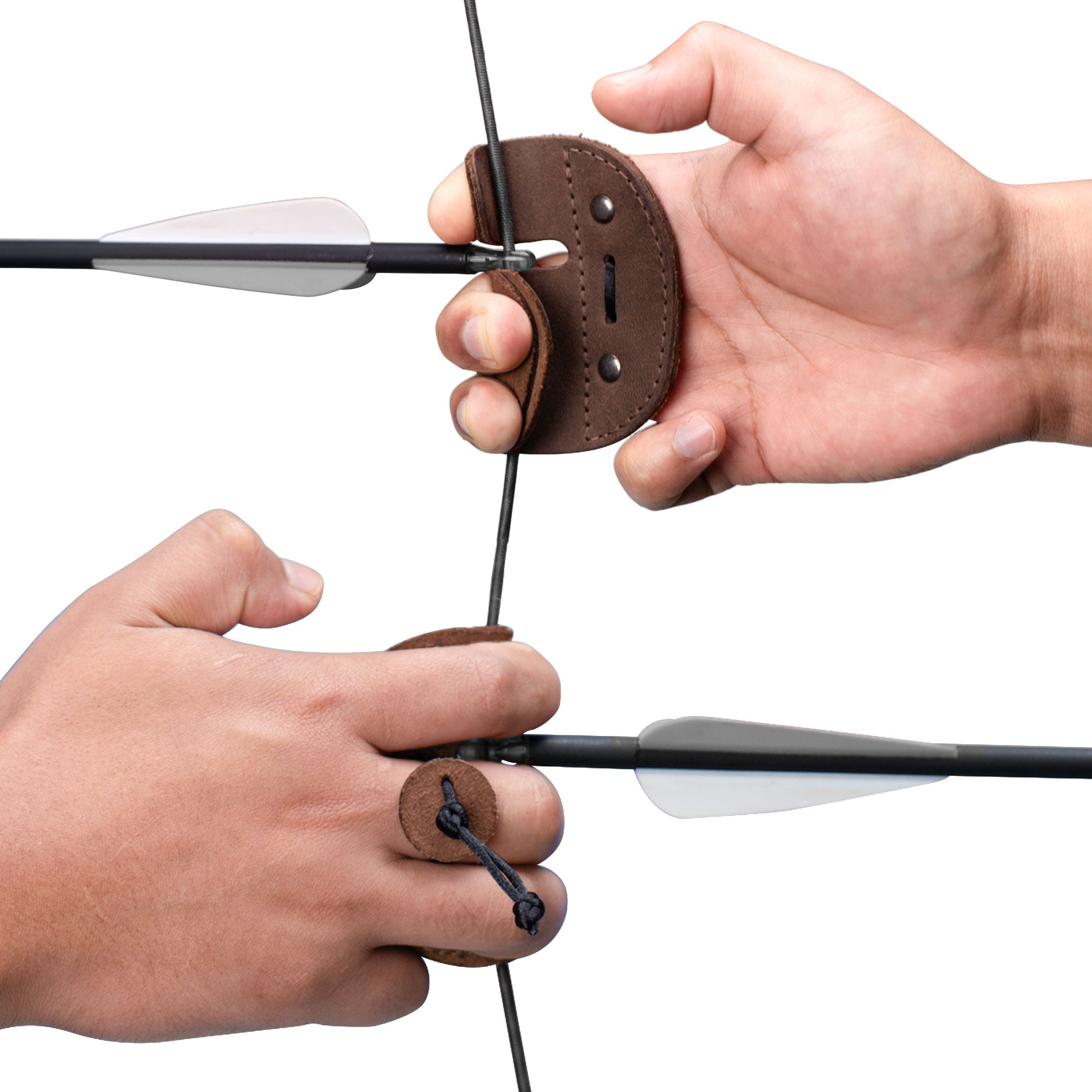 Right Handed Archery Finger Protector by Hide & Drink, showcasing a shooter using the Archery Finger Tab while aiming. This Protect Guard for Recurve Bows offers comfort and durability with its Full Grain Leather design. Ideal for shooting practice gear in sports & outdoors, embracing the essence of Small Batch Production, Hand Cut, Hand Sewn, and Fire Branded elegance, handmade in La Antigua Guatemala & Oaxaca Mexico.