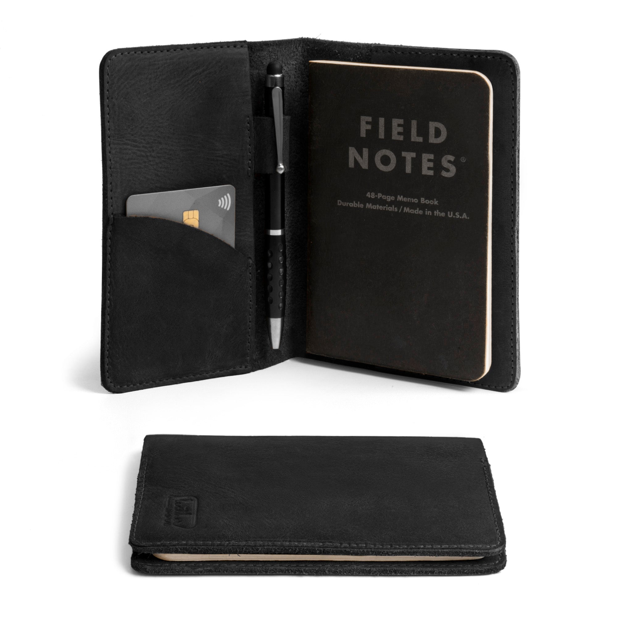 Black version of the Field Notes Carrier by Leather Worx with card and pen holder. This elegant Field Notes Cover acts as a Leather Notebook Cover 3.5 x 5.5 in., designed for convenience. Ideal for any traveler, this full grain leather accessory reflects artisan craftsmanship and is handmade in La Antigua Guatemala.