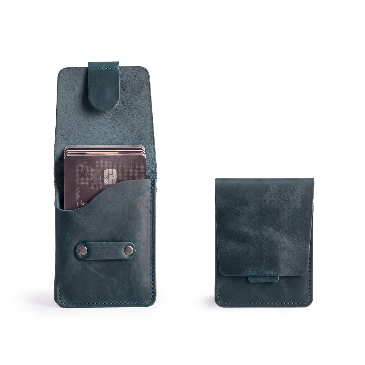 Hide & Drink Slim Card Holder in blue leather, a stylish vertical card holder designed to hold 4 cards and folded bills. This artisan handmade pocket wallet emphasizes full grain leather quality and the artistry of La Antigua Guatemala.